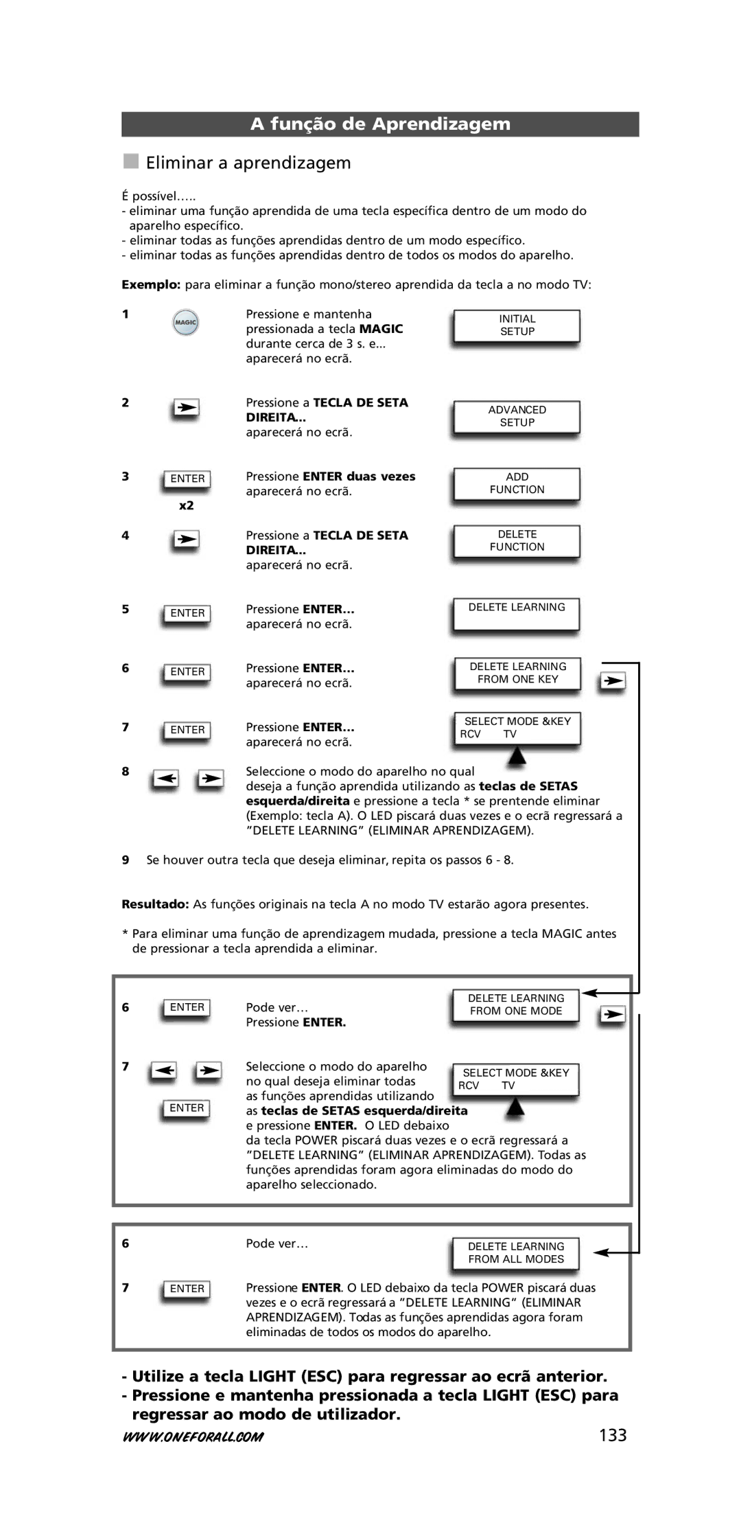 One for All URC-7781 warranty Eliminar a aprendizagem, 133, Pressione a Tecla DE Seta, Direita 