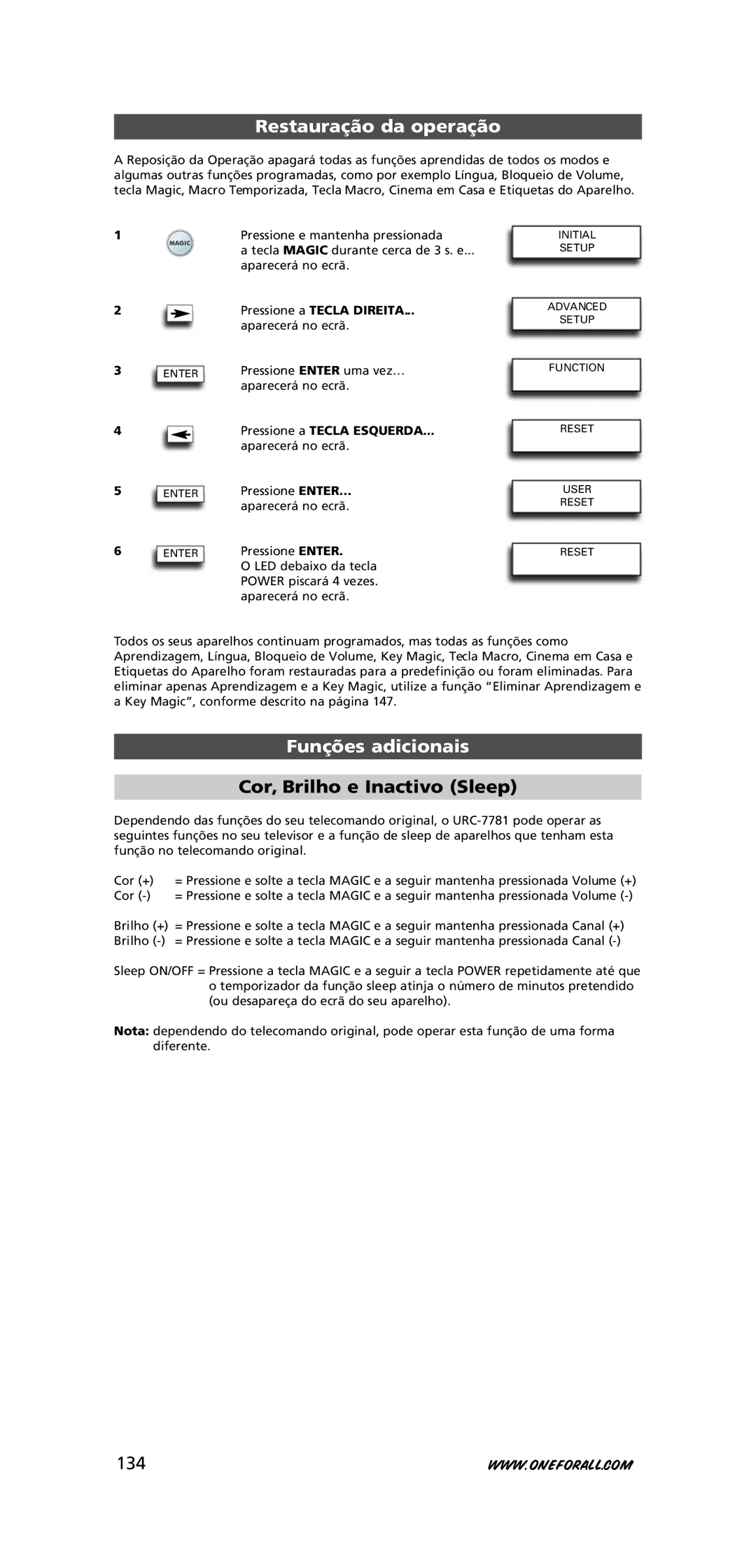 One for All URC-7781 warranty Restauração da operação, Funções adicionais, Cor, Brilho e Inactivo Sleep, 134 