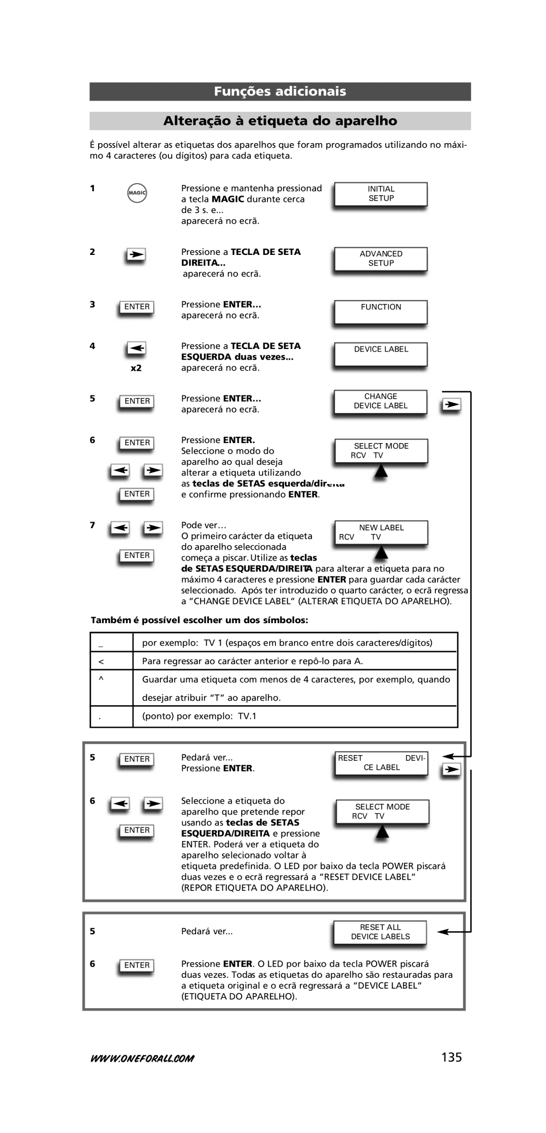 One for All URC-7781 warranty Alteração à etiqueta do aparelho, 135, Pressione a Tecla DE Seta Esquerda duas vezes 