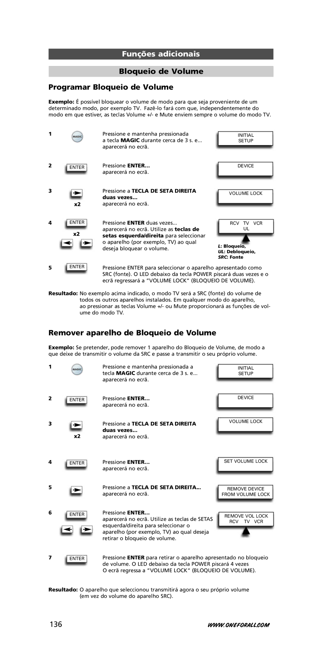 One for All URC-7781 warranty Bloqueio de Volume Programar Bloqueio de Volume, Remover aparelho de Bloqueio de Volume, 136 