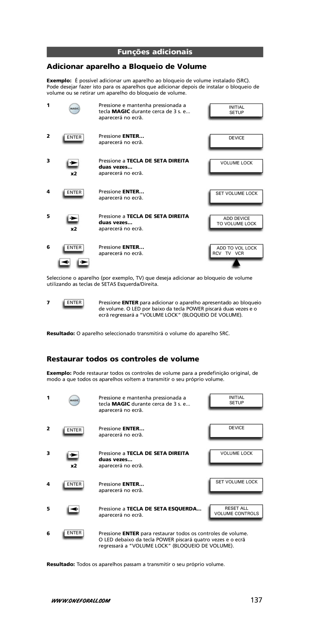 One for All URC-7781 warranty Adicionar aparelho a Bloqueio de Volume, Restaurar todos os controles de volume, 137 