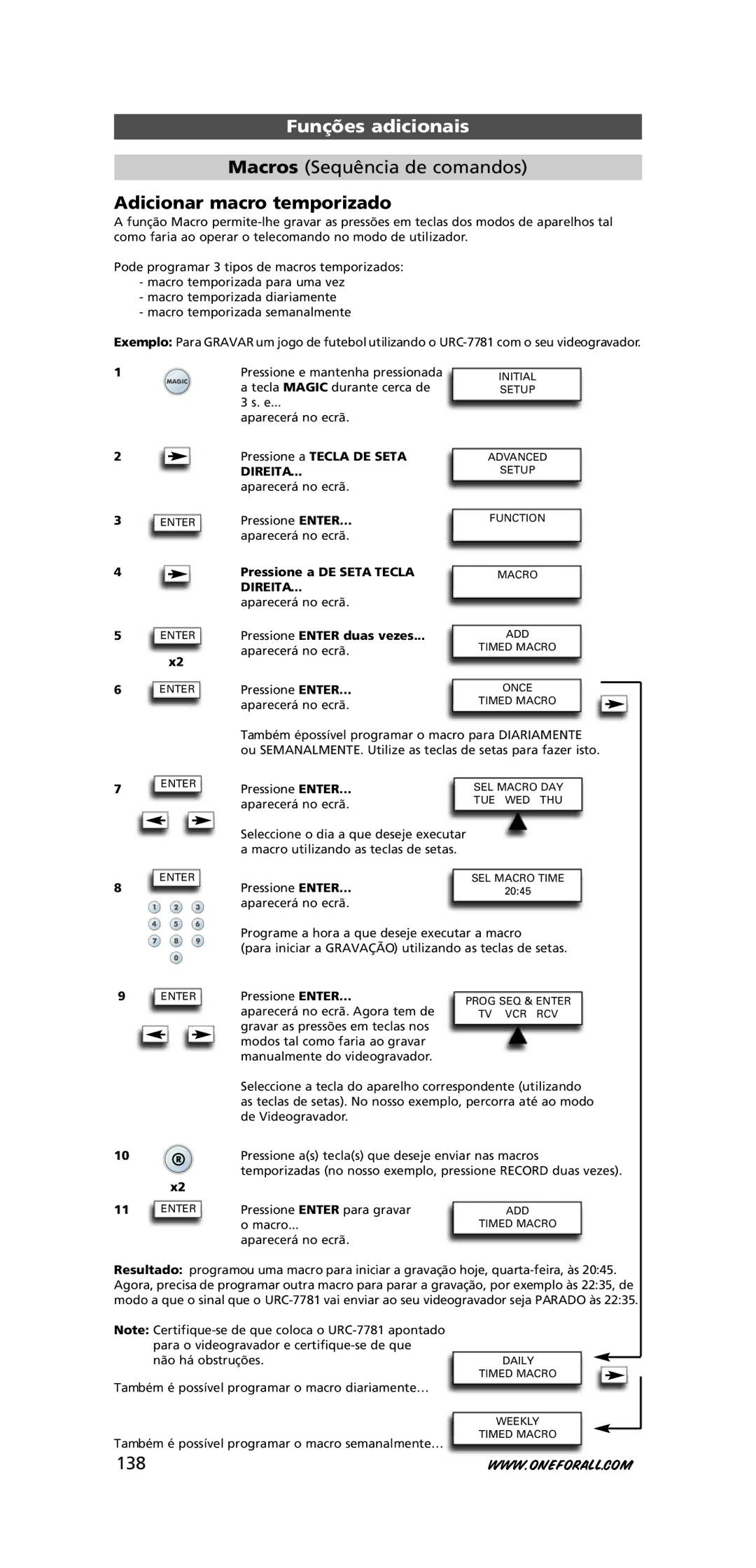 One for All URC-7781 warranty Macros Sequência de comandos, Adicionar macro temporizado, 138 