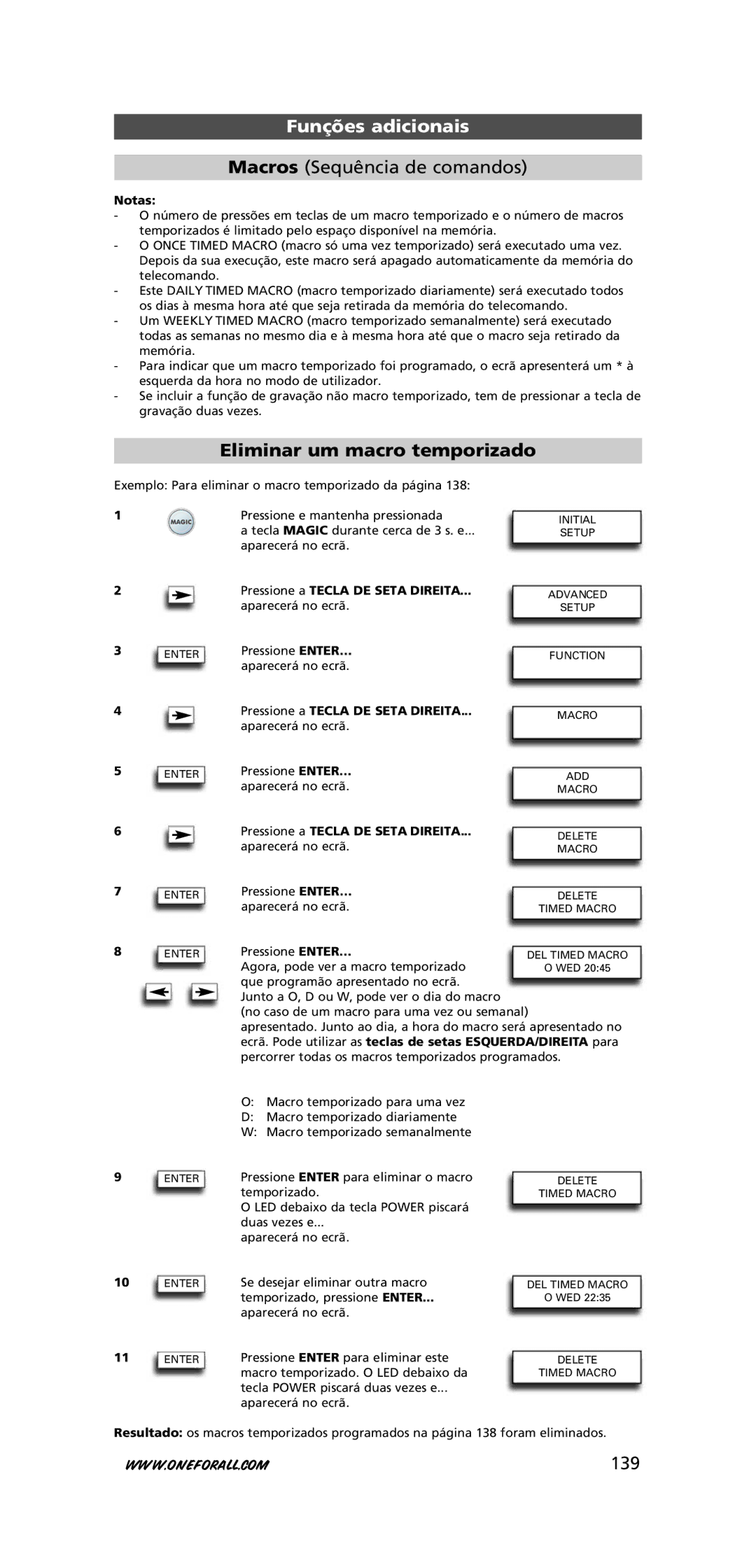 One for All URC-7781 warranty Eliminar um macro temporizado, 139, Agora, pode ver a macro temporizado 