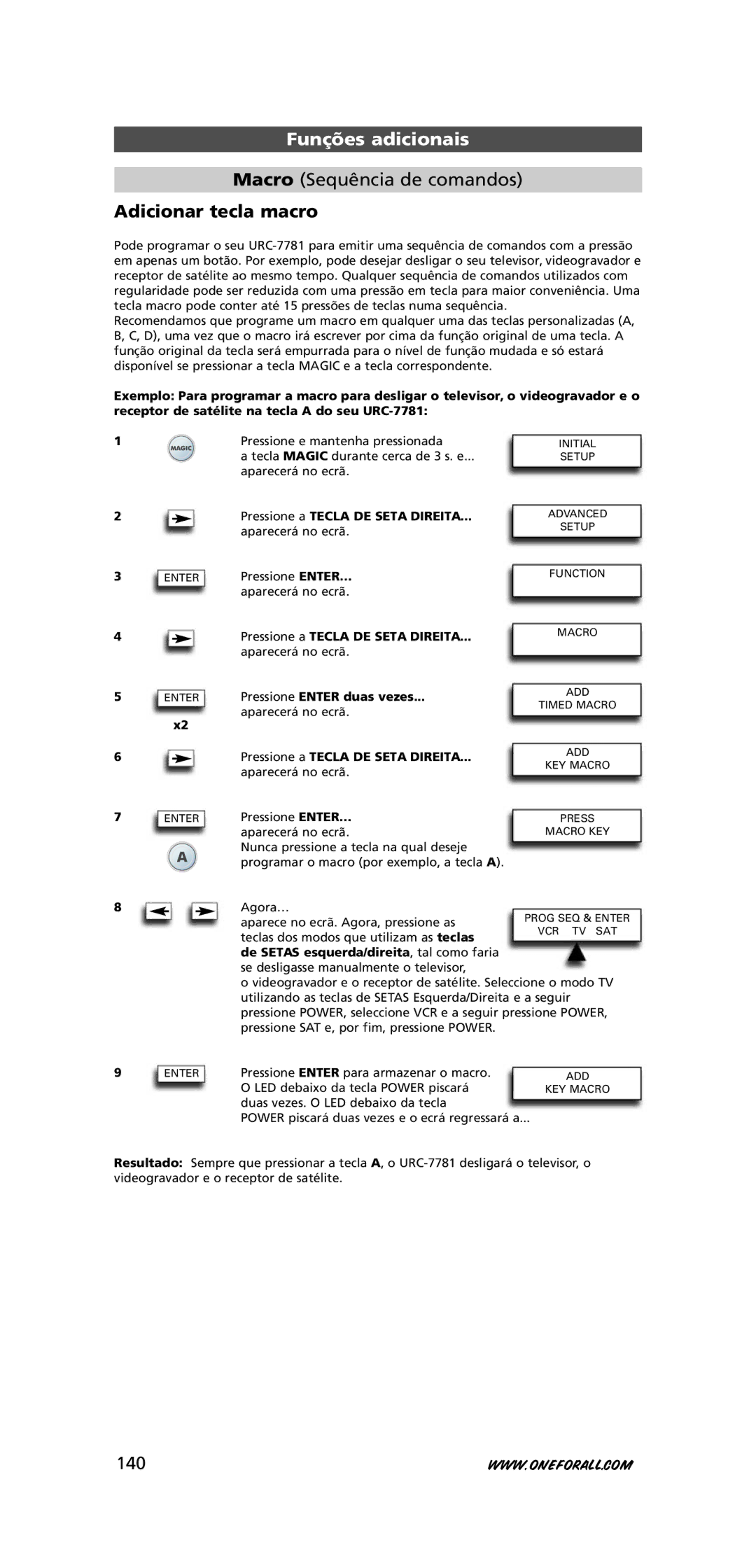 One for All URC-7781 warranty Macro Sequência de comandos, Adicionar tecla macro, 140 