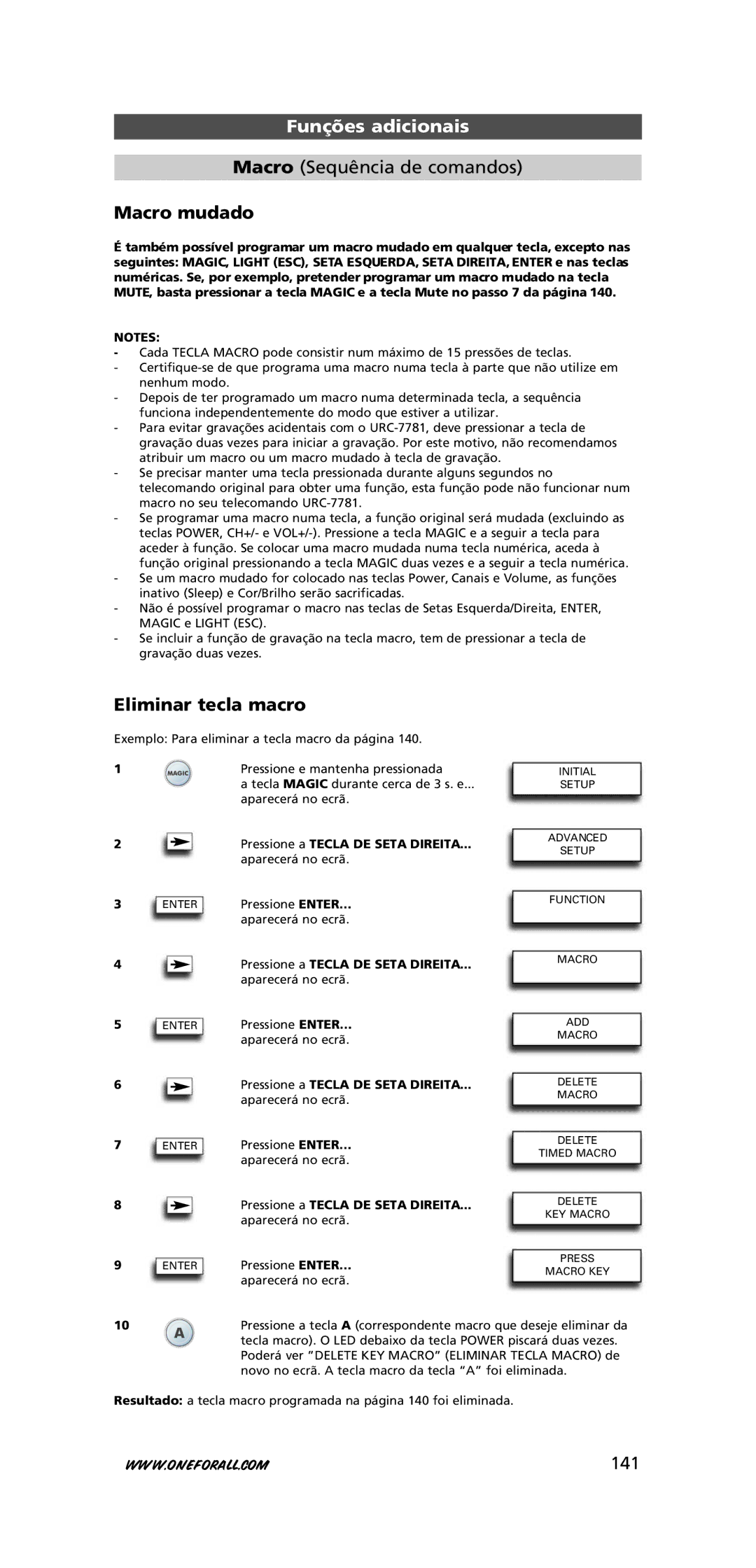 One for All URC-7781 warranty Macro mudado, Eliminar tecla macro, 141 