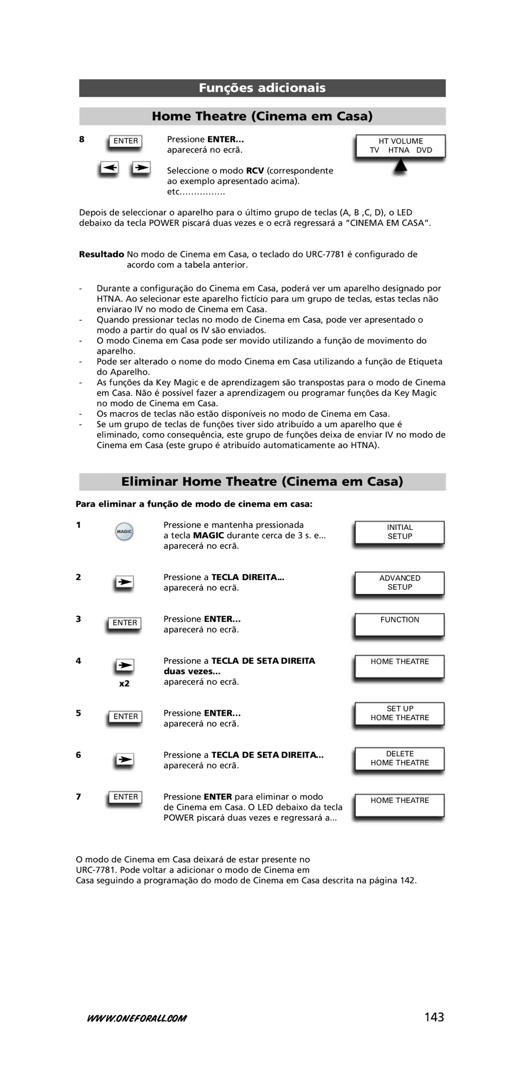 One for All URC-7781 warranty Eliminar Home Theatre Cinema em Casa, 143, Para eliminar a função de modo de cinema em casa 