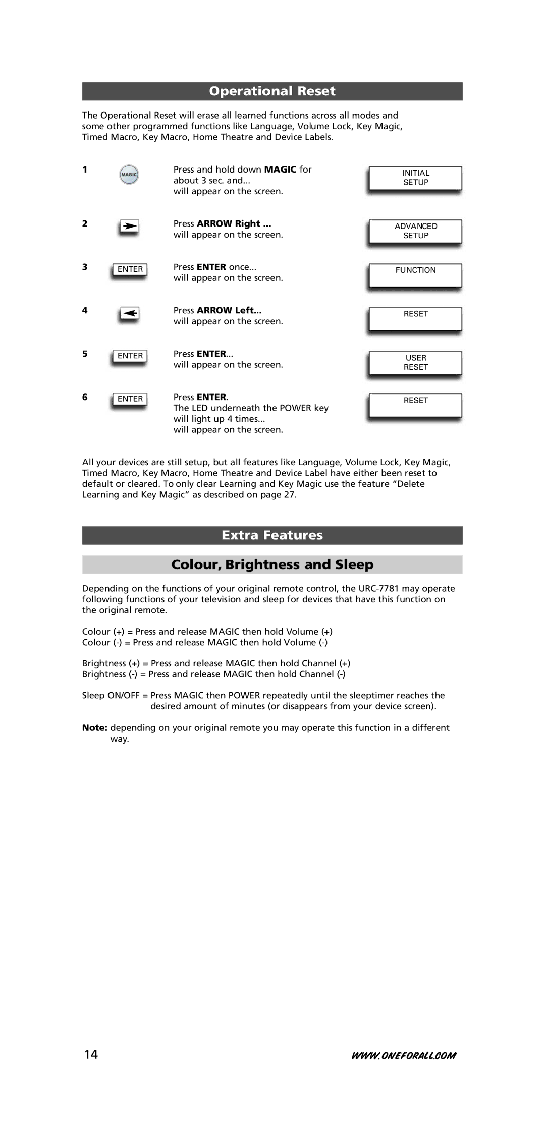 One for All URC-7781 warranty Operational Reset, Extra Features, Colour, Brightness and Sleep, Press Arrow Left 