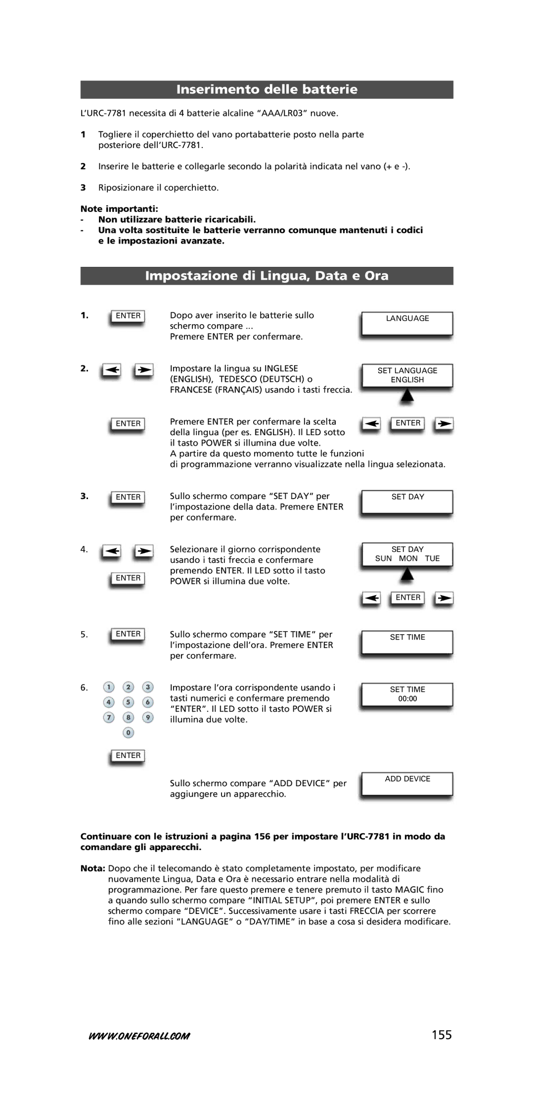 One for All URC-7781 warranty Inserimento delle batterie, Impostazione di Lingua, Data e Ora, 155 