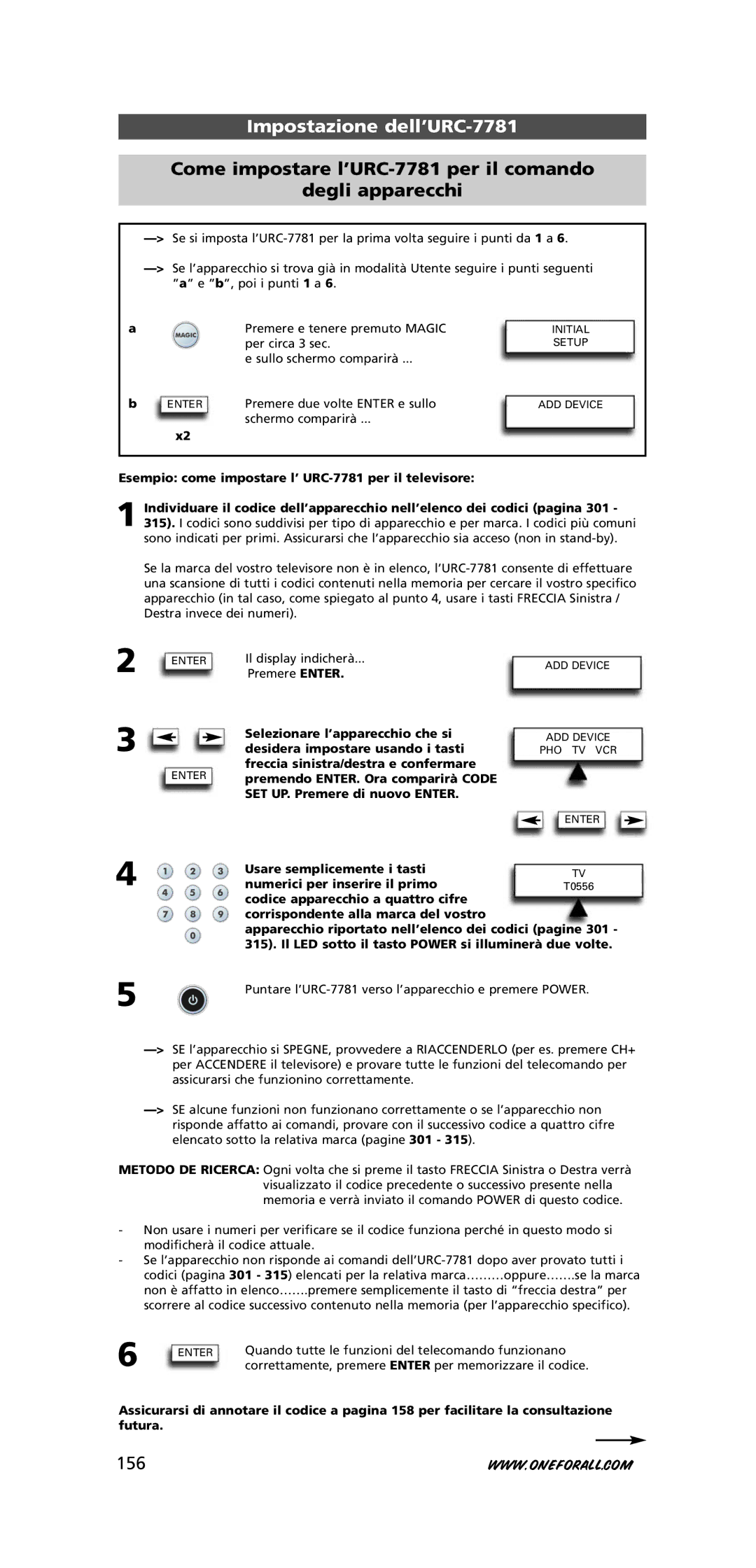 One for All warranty Impostazione dell’URC-7781, Come impostare l’URC-7781 per il comando Degli apparecchi, 156 