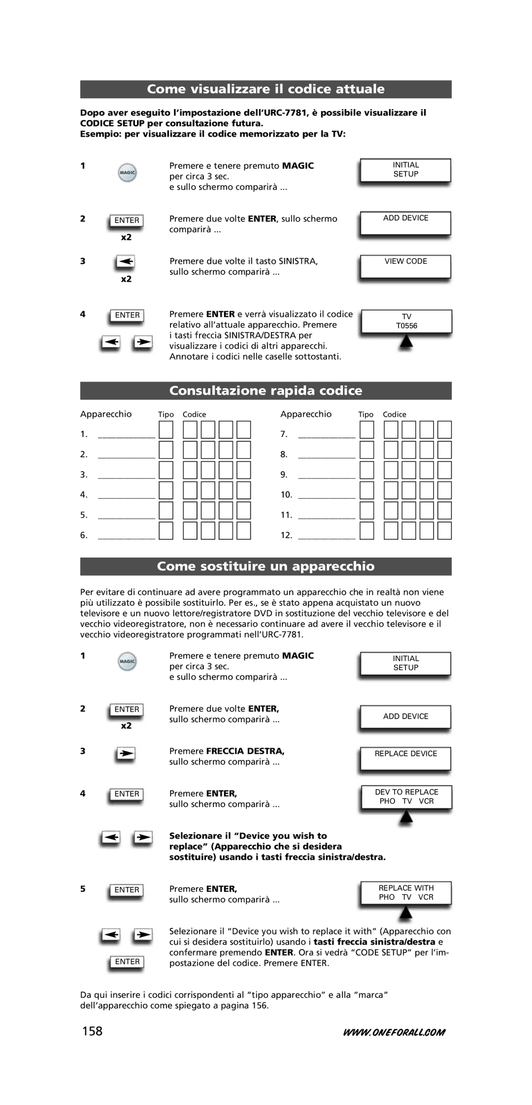 One for All URC-7781 Come visualizzare il codice attuale, Consultazione rapida codice, Come sostituire un apparecchio, 158 