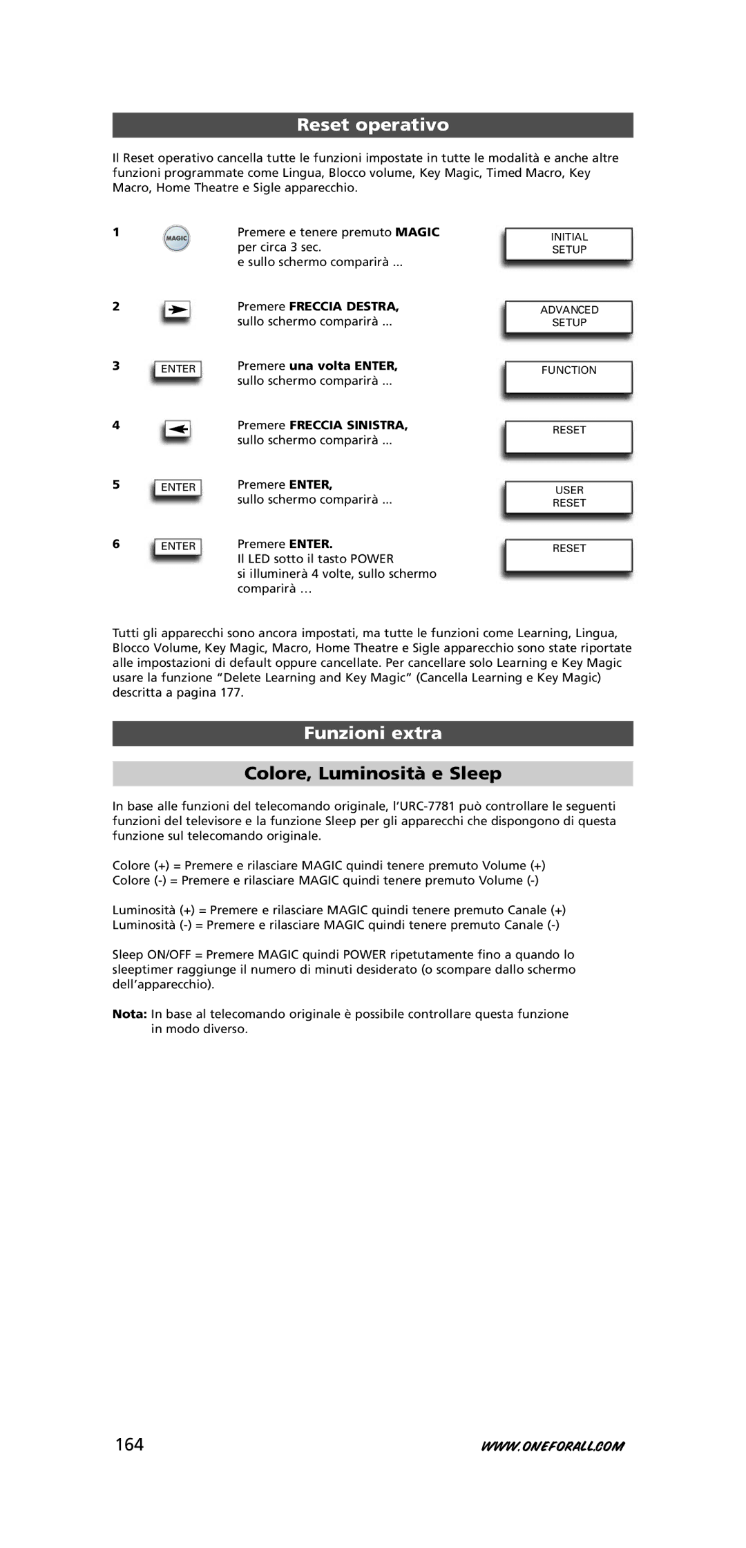 One for All URC-7781 warranty Reset operativo, Funzioni extra, Colore, Luminosità e Sleep, 164 
