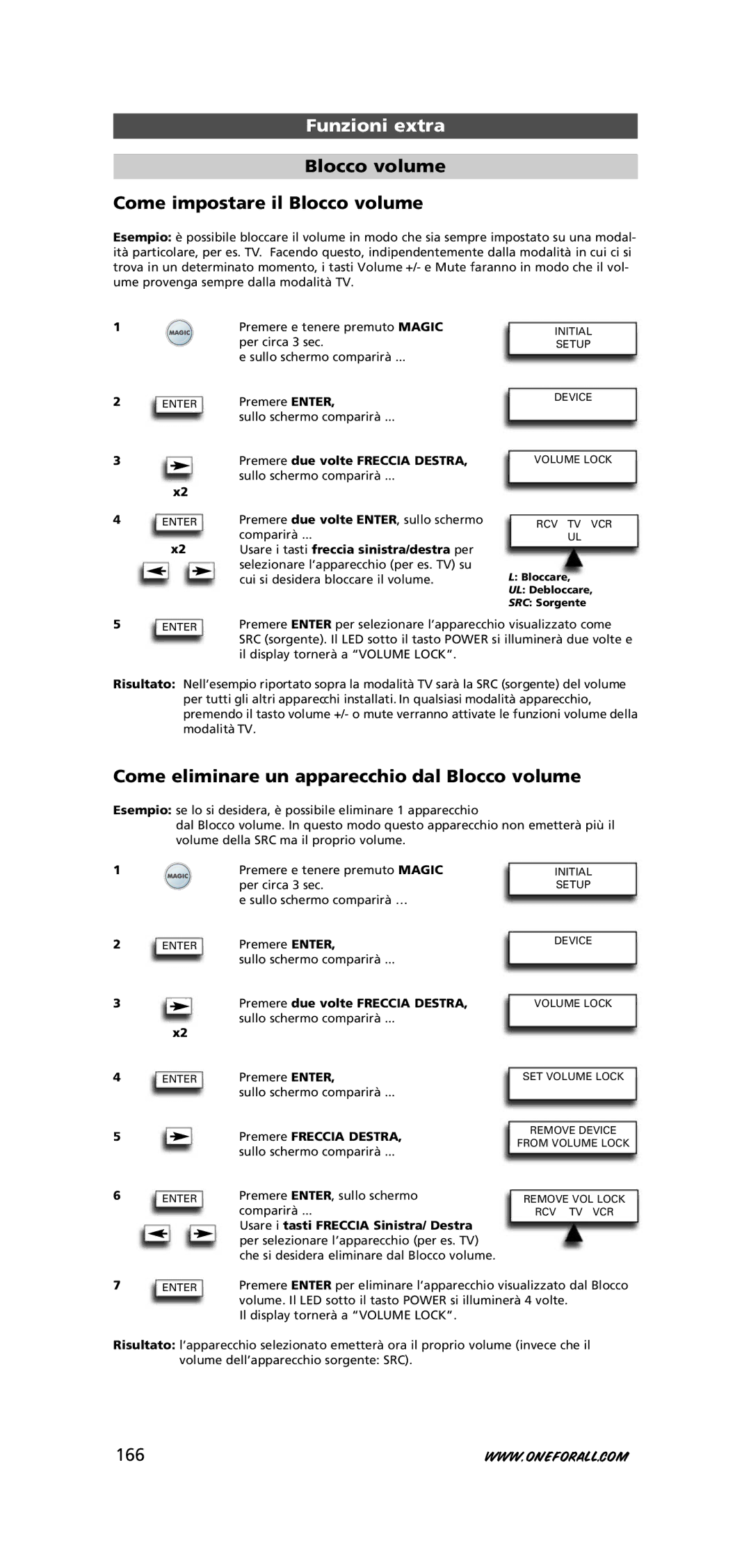 One for All URC-7781 Blocco volume Come impostare il Blocco volume, Come eliminare un apparecchio dal Blocco volume, 166 