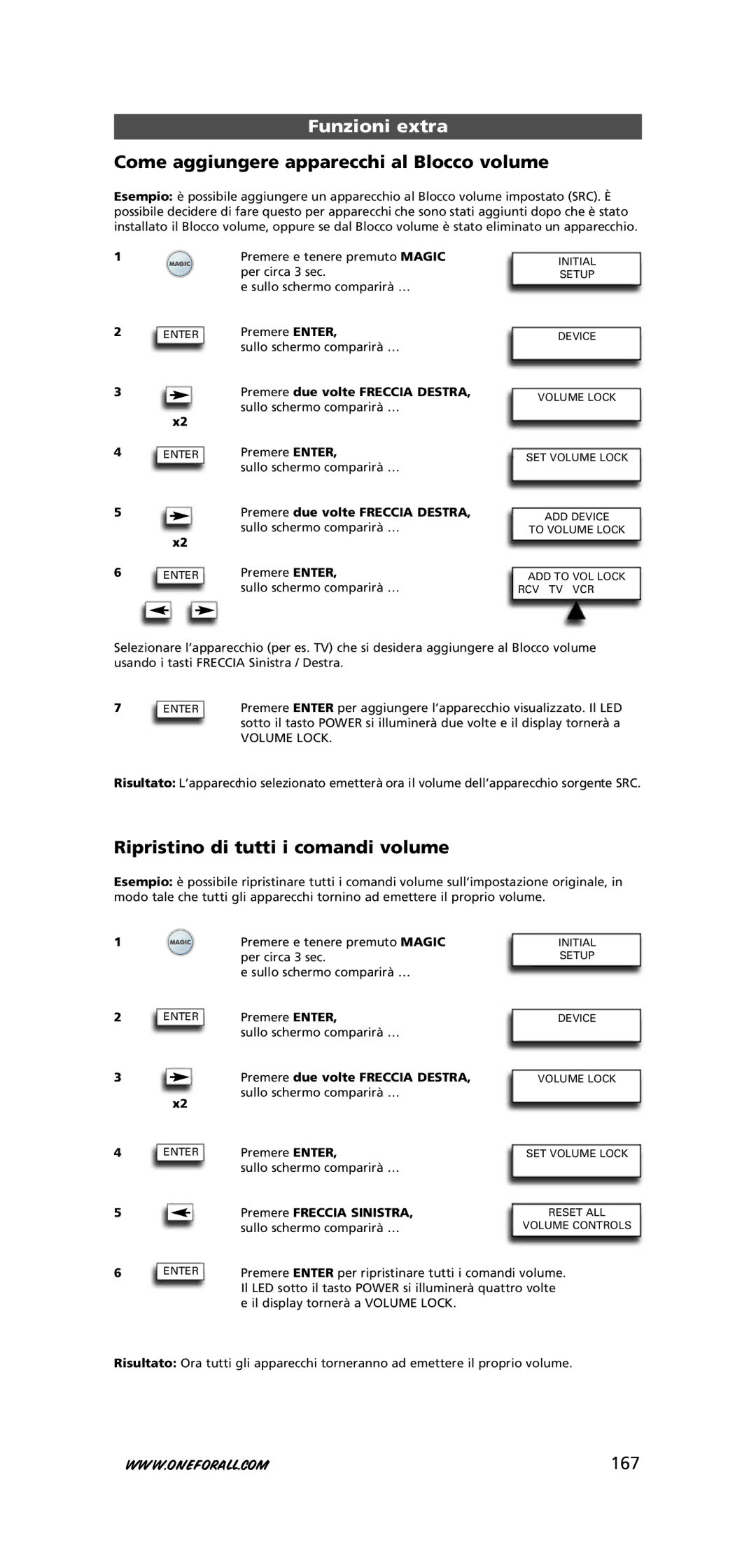 One for All URC-7781 warranty Come aggiungere apparecchi al Blocco volume, Ripristino di tutti i comandi volume, 167 