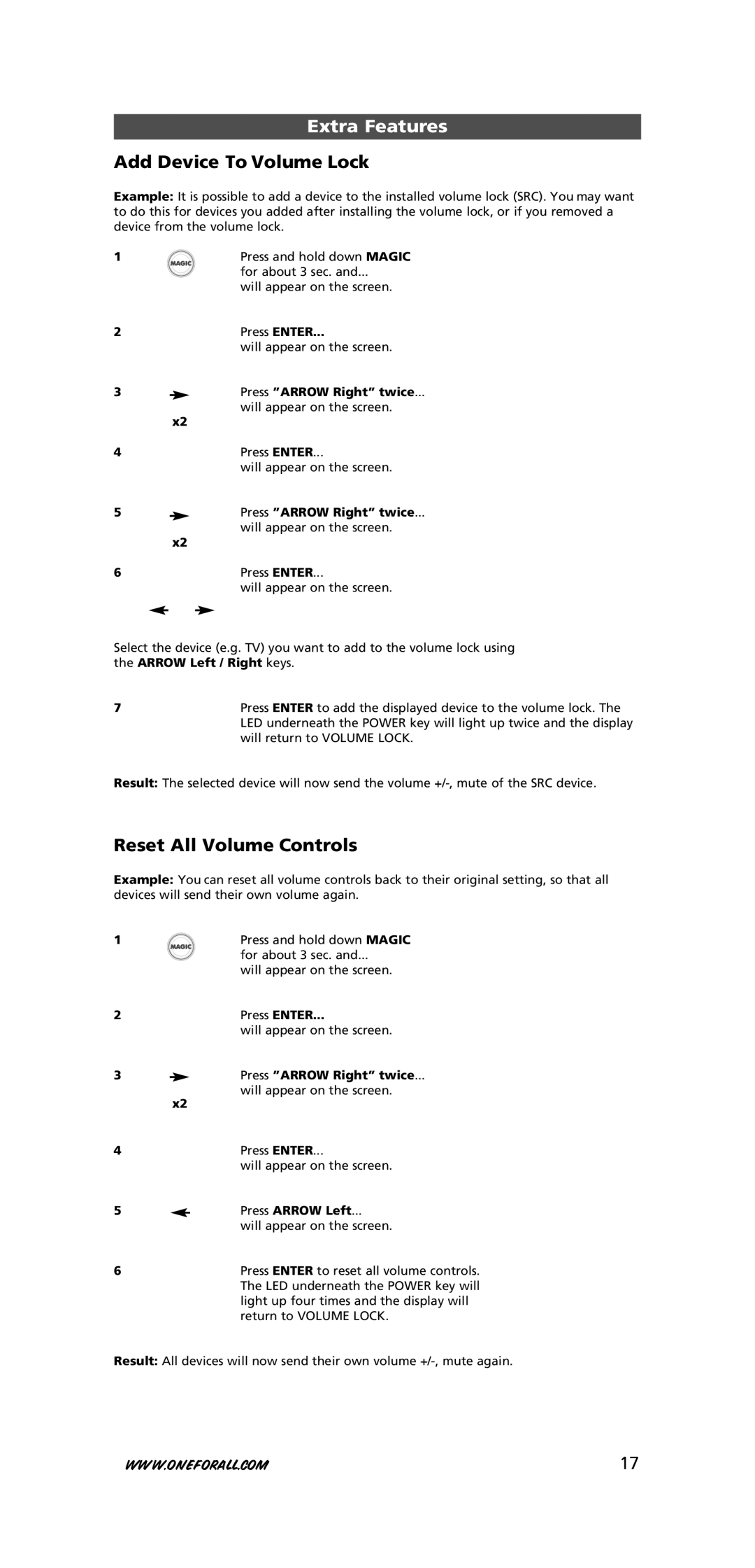 One for All URC-7781 warranty Add Device To Volume Lock, Reset All Volume Controls 