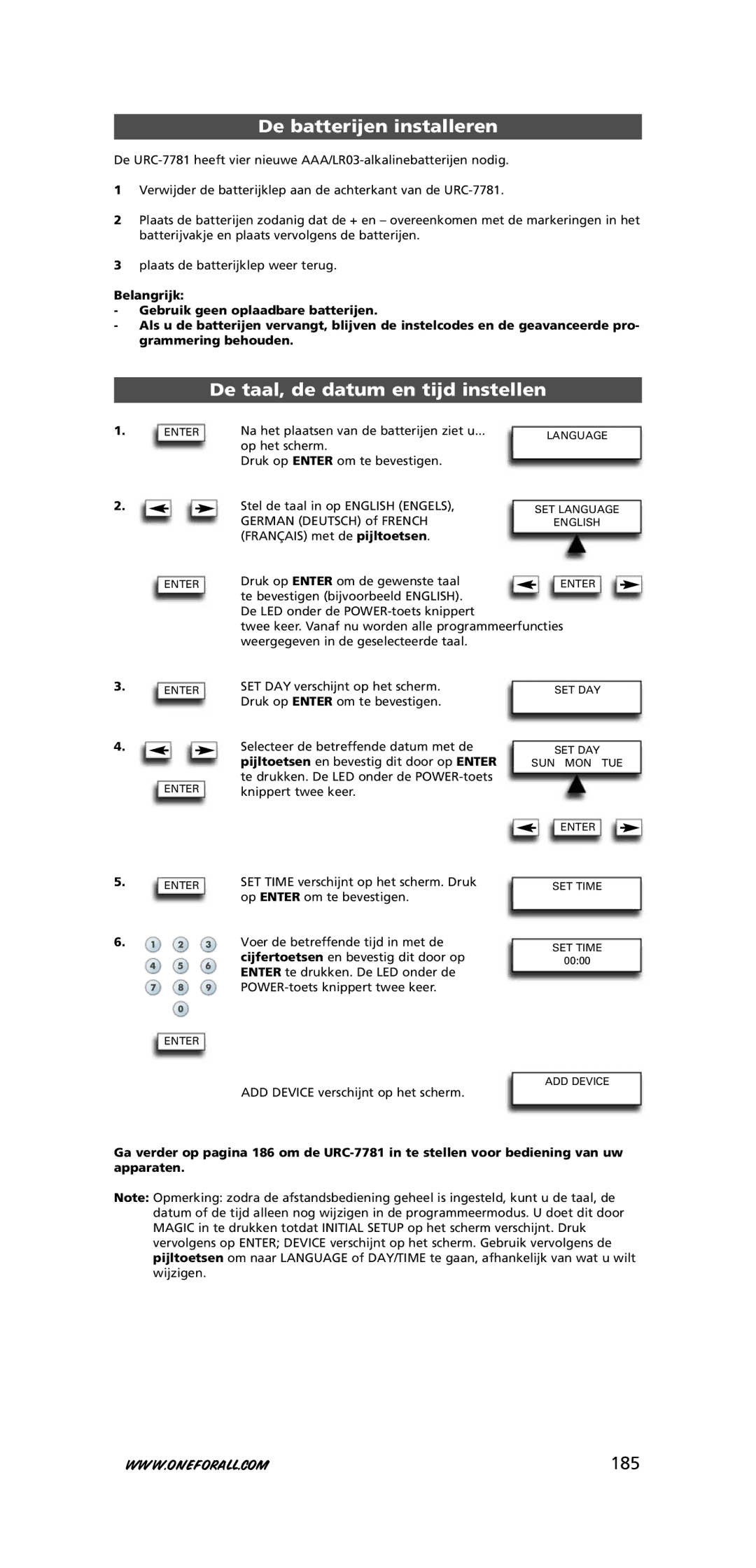 One for All URC-7781 warranty De batterijen installeren, De taal, de datum en tijd instellen, 185 