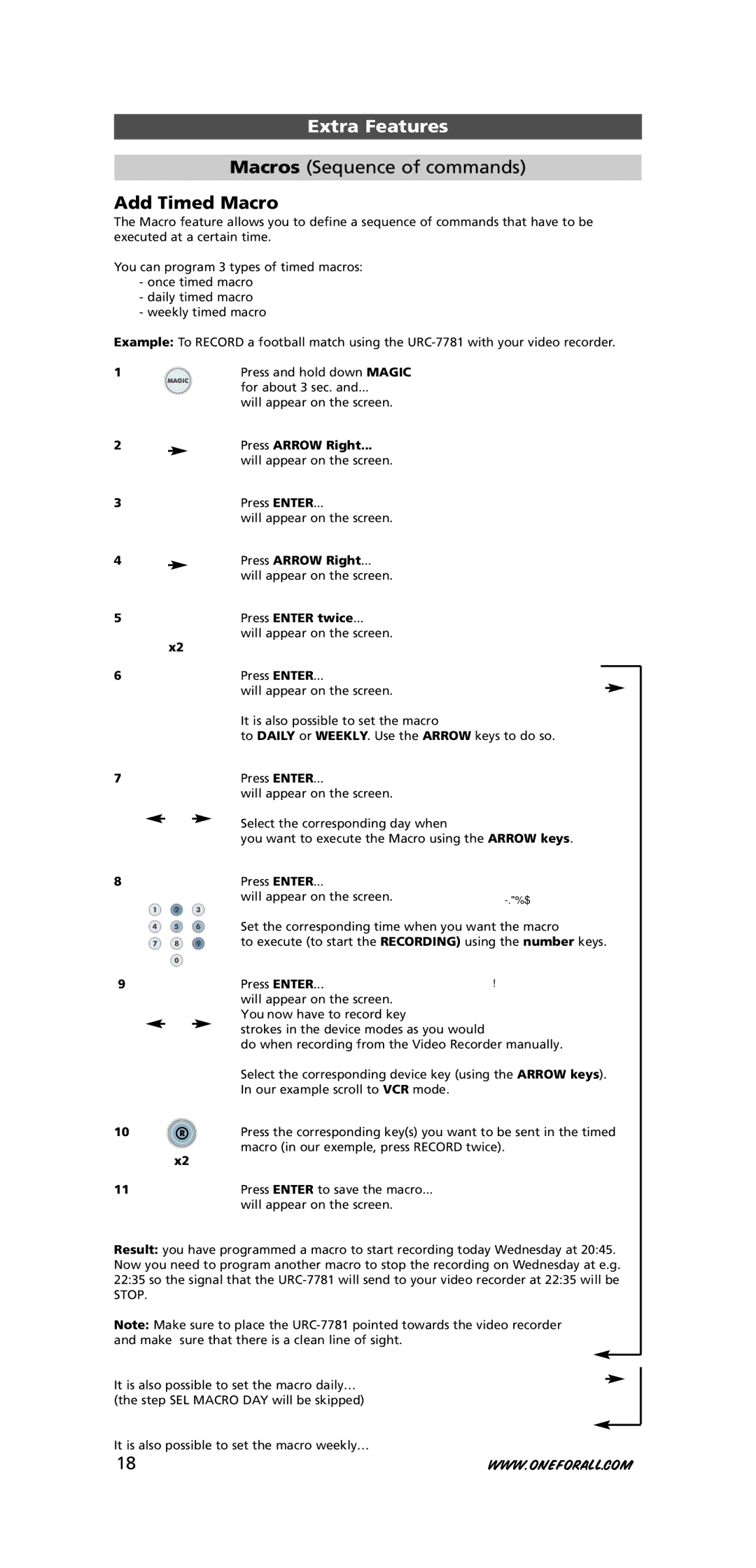 One for All URC-7781 warranty Macros Sequence of commands, Add Timed Macro, It is also possible to set the macro daily… 