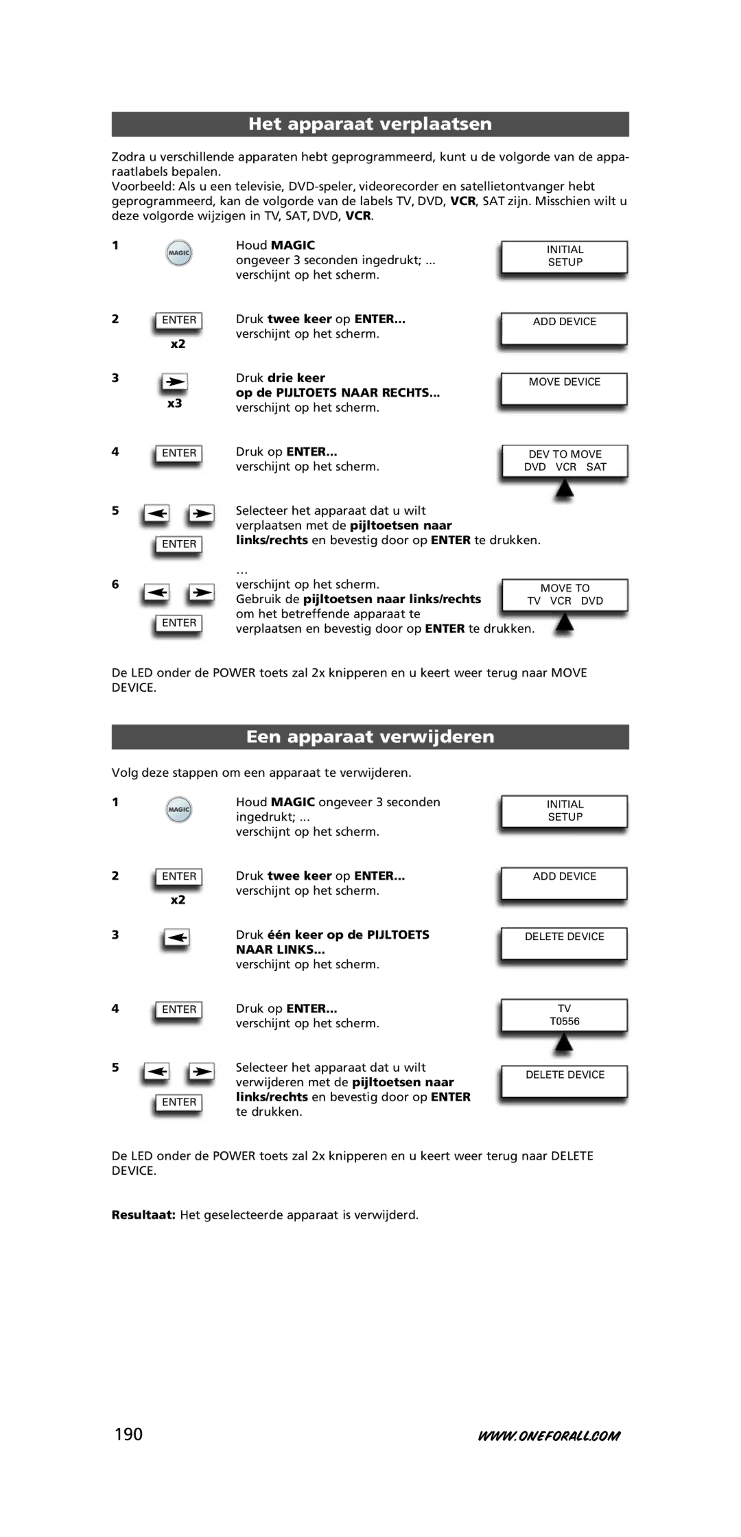 One for All URC-7781 warranty Het apparaat verplaatsen, Een apparaat verwijderen, 190, Naar Links 