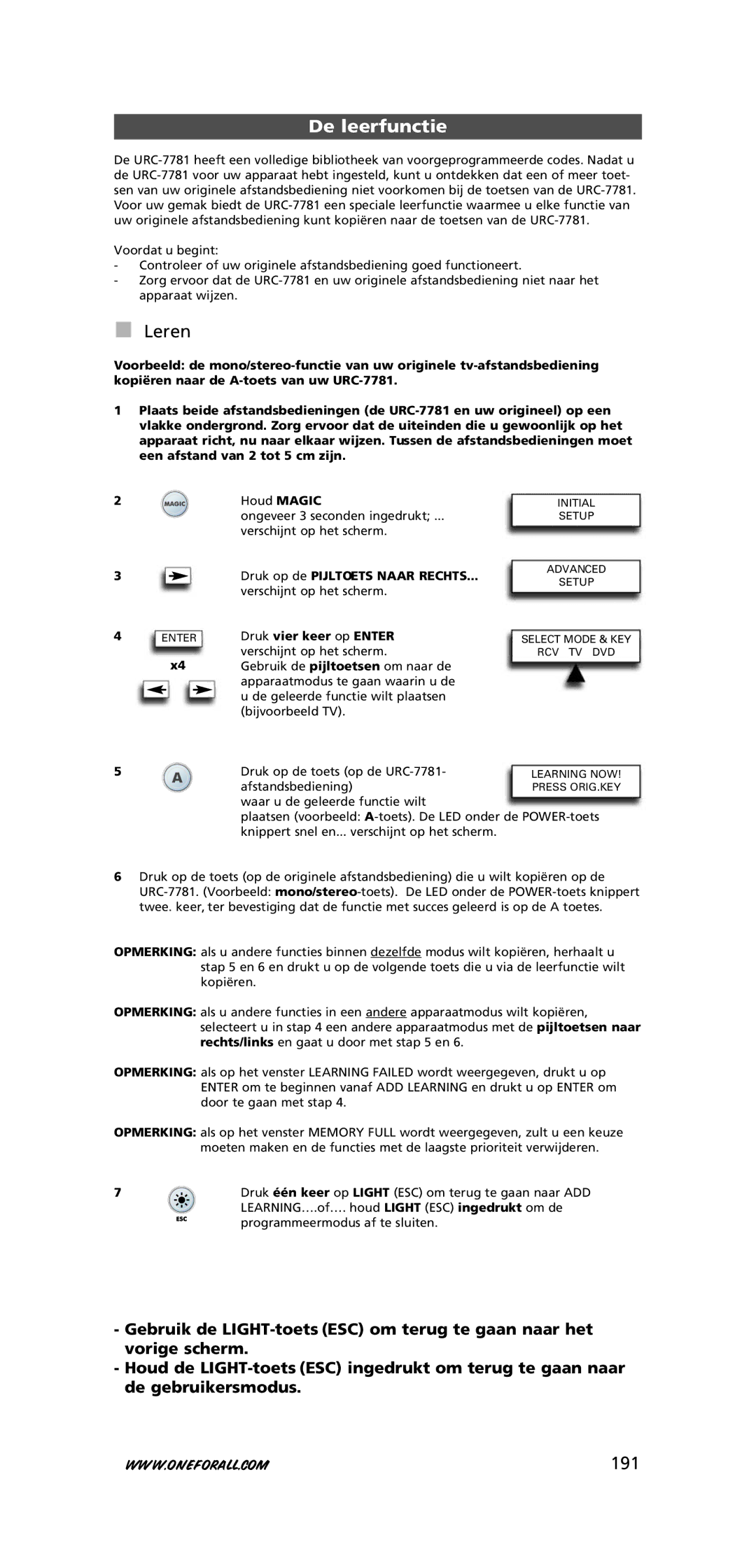 One for All URC-7781 warranty De leerfunctie, Leren, 191, Druk vier keer op Enter verschijnt op het scherm 