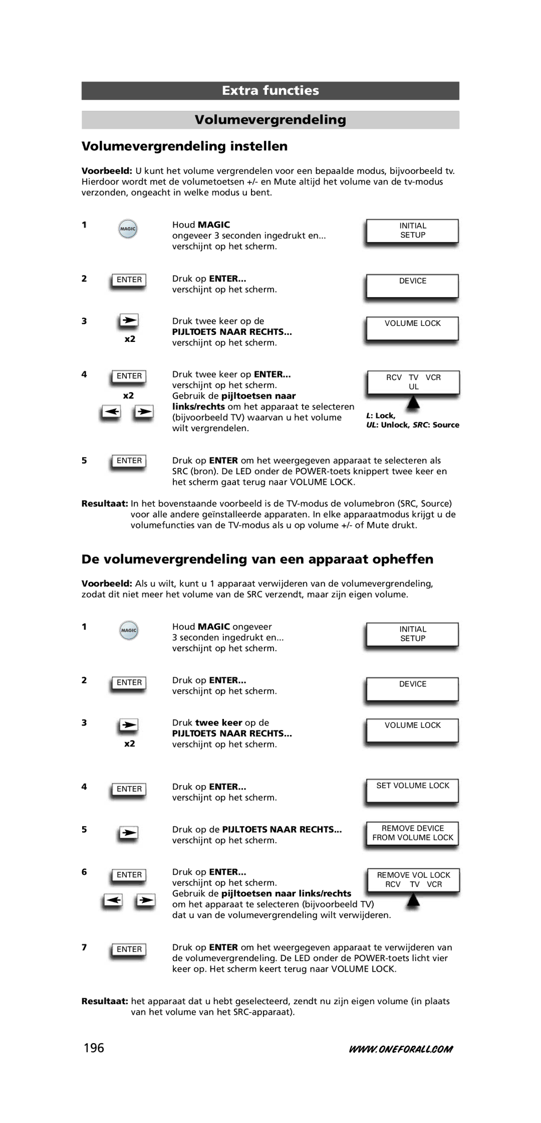 One for All URC-7781 Volumevergrendeling Volumevergrendeling instellen, De volumevergrendeling van een apparaat opheffen 