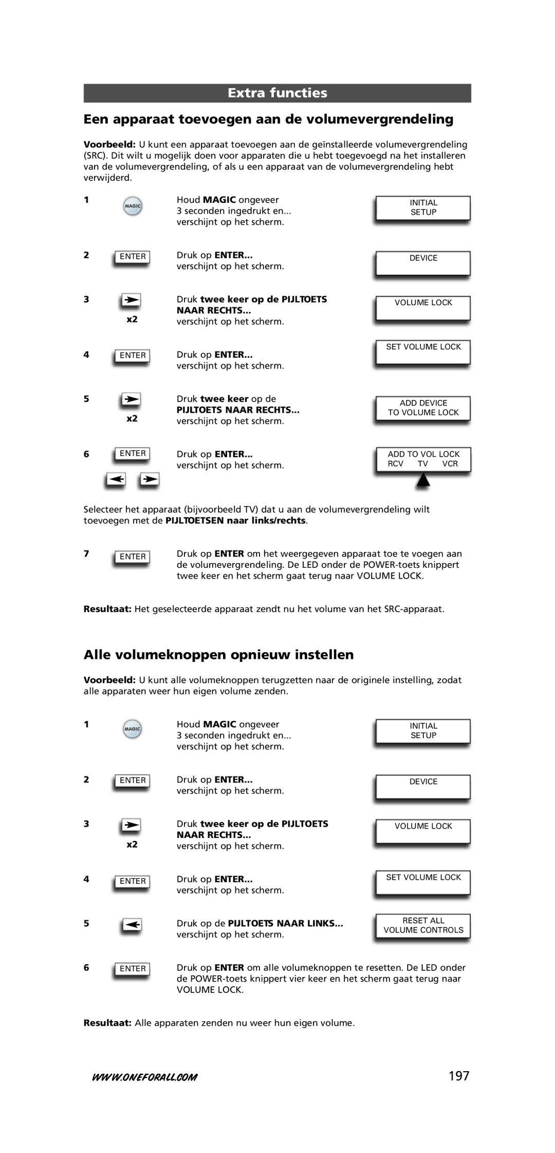 One for All URC-7781 warranty Een apparaat toevoegen aan de volumevergrendeling, Alle volumeknoppen opnieuw instellen, 197 