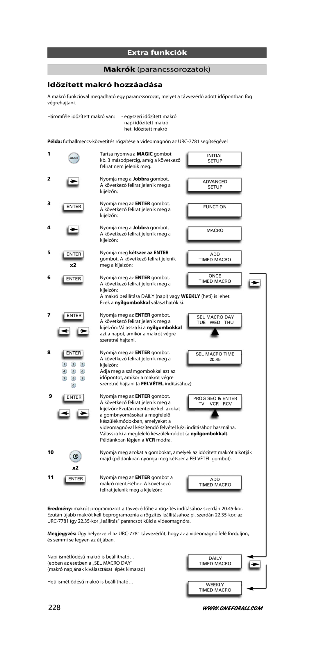 One for All URC-7781 warranty Makrók parancssorozatok, Időzített makró hozzáadása, 228 