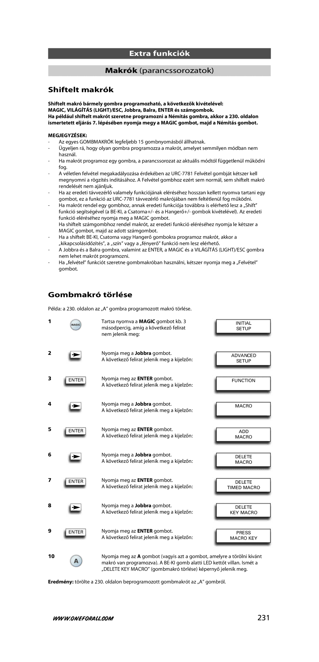 One for All URC-7781 Shiftelt makrók, Gombmakró törlése, 231, Megjegyzések, Nem jelenik meg Nyomja meg a Jobbra gombot 