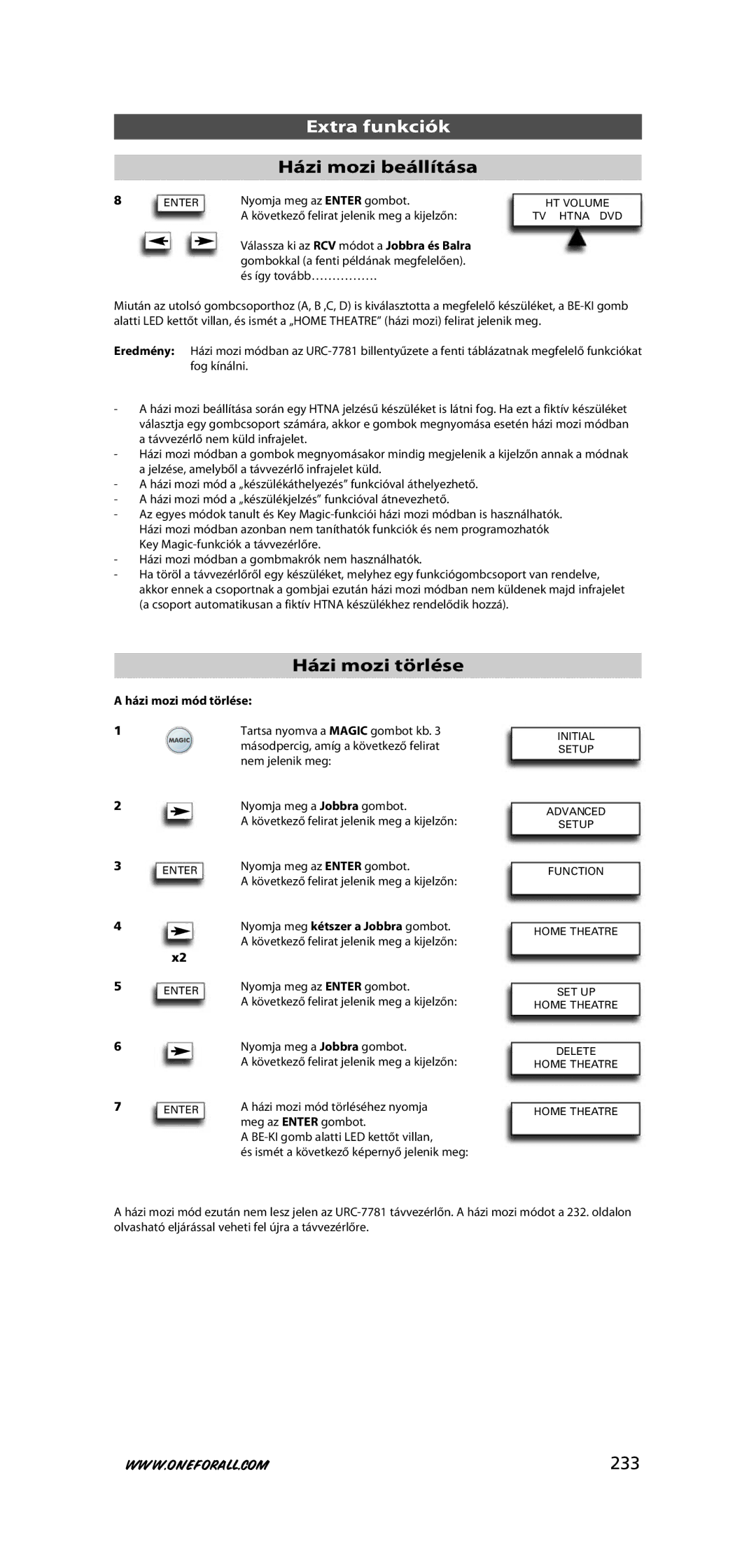 One for All URC-7781 warranty Házi mozi törlése, 233, Házi mozi mód törlése, Házi mozi mód törléséhez nyomja 