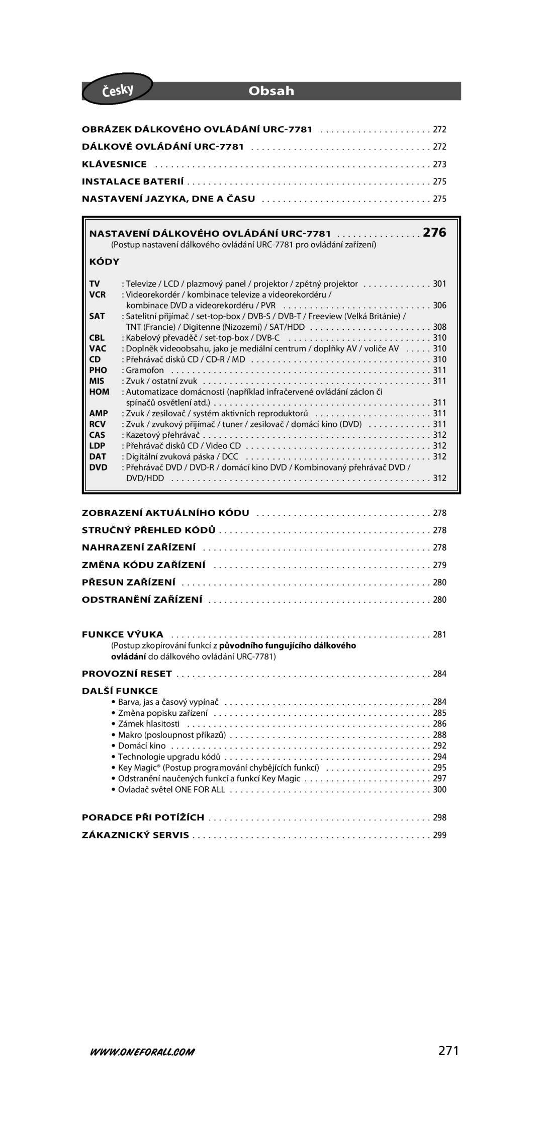 One for All URC-7781 warranty Obsah, 271 