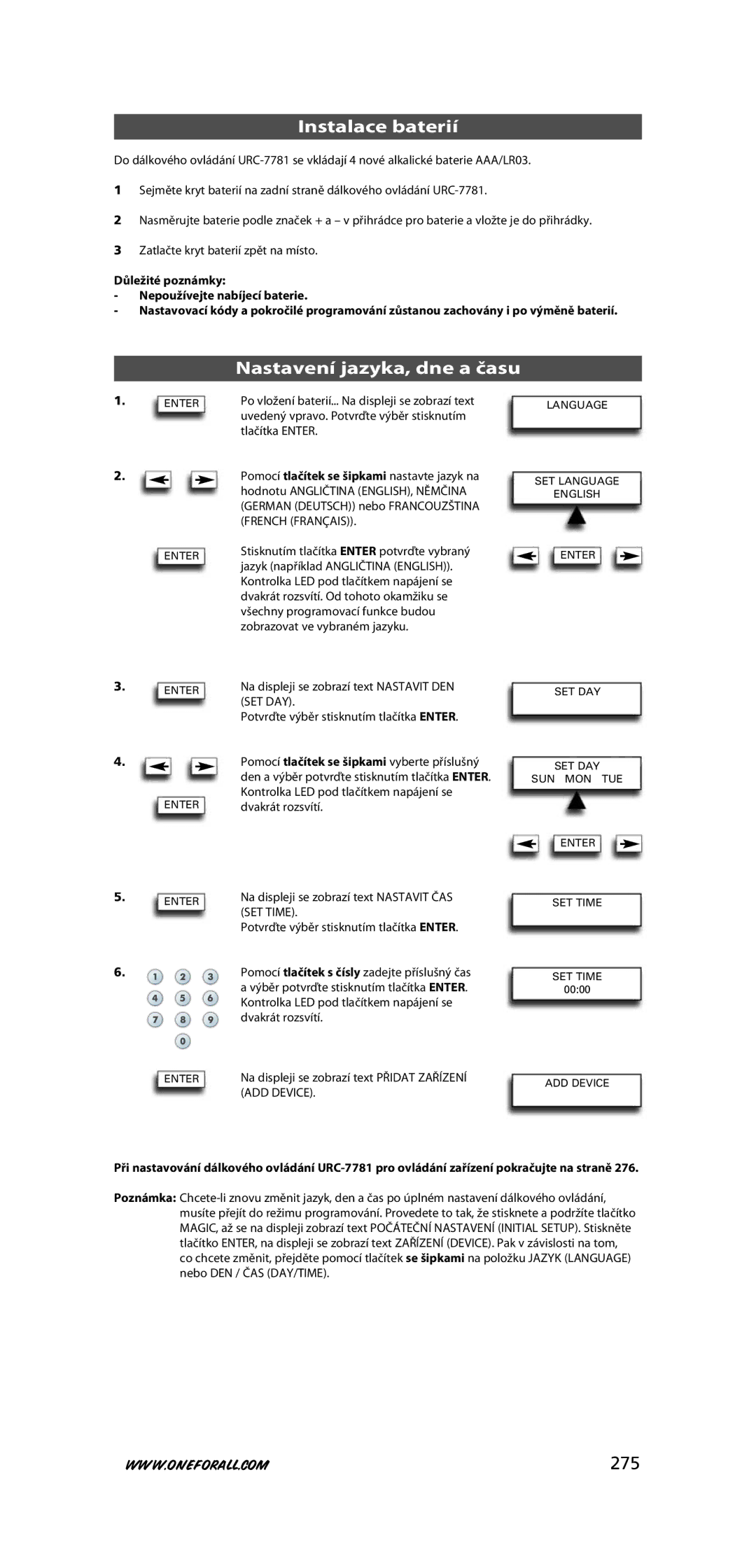 One for All URC-7781 warranty Instalace baterií, Nastavení jazyka, dne a času, 275 