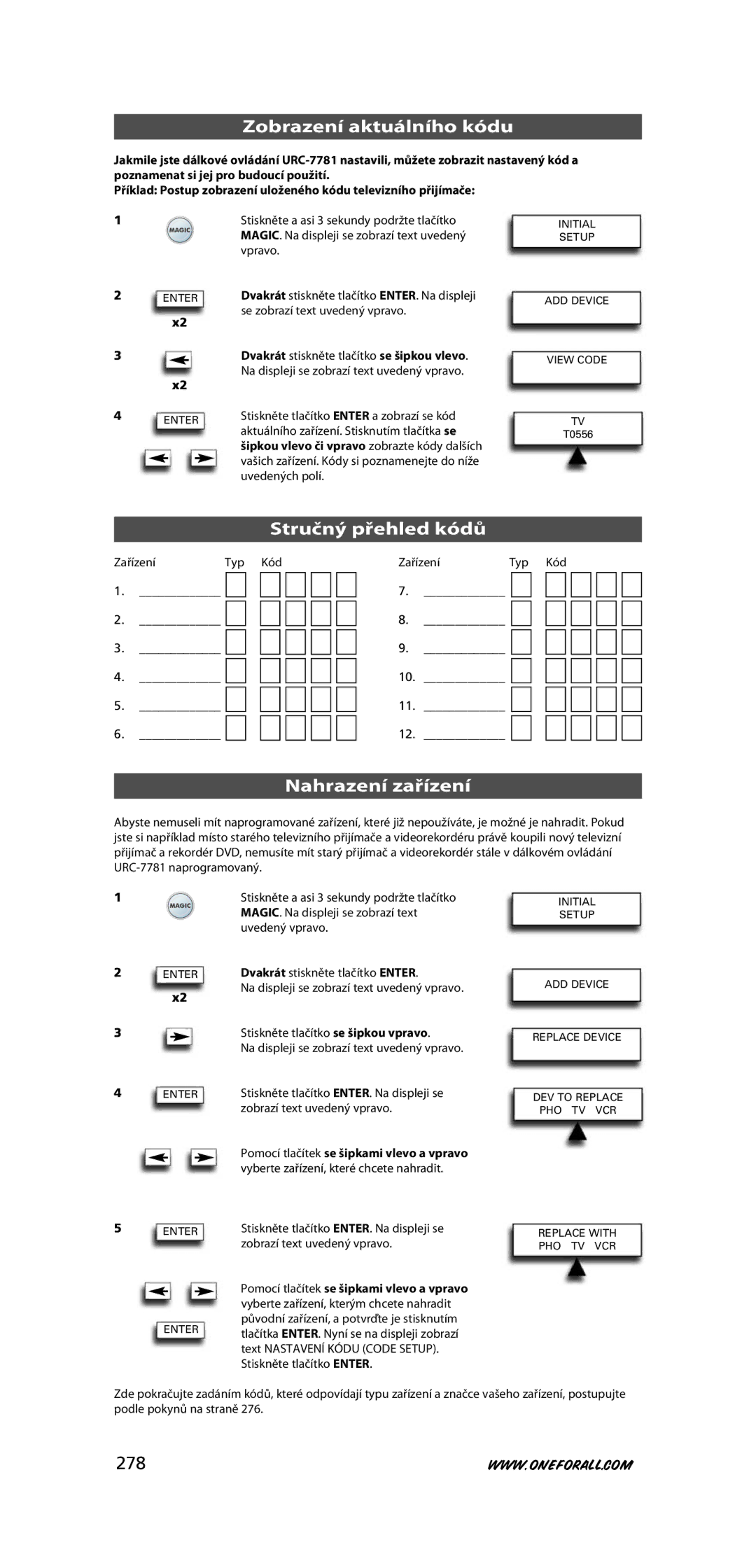 One for All URC-7781 warranty Zobrazení aktuálního kódu, Stručný přehled kódů, Nahrazení zařízení, 278, Zařízení Typ Kód 