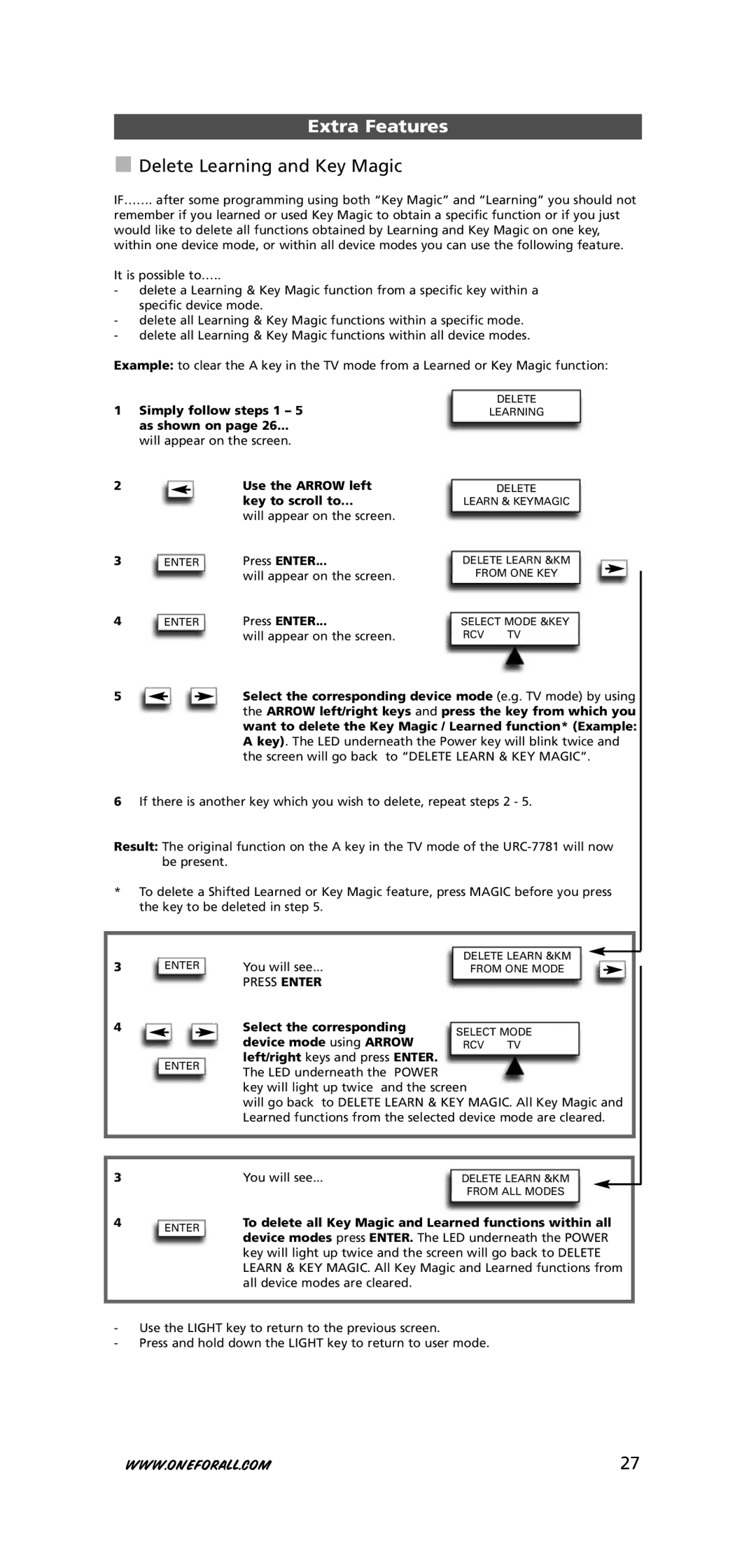 One for All URC-7781 warranty Delete Learning and Key Magic 