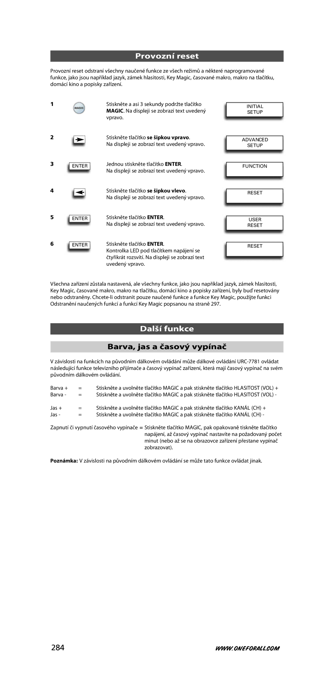 One for All URC-7781 warranty Provozní reset, Další funkce, Barva, jas a časový vypínač, 284 