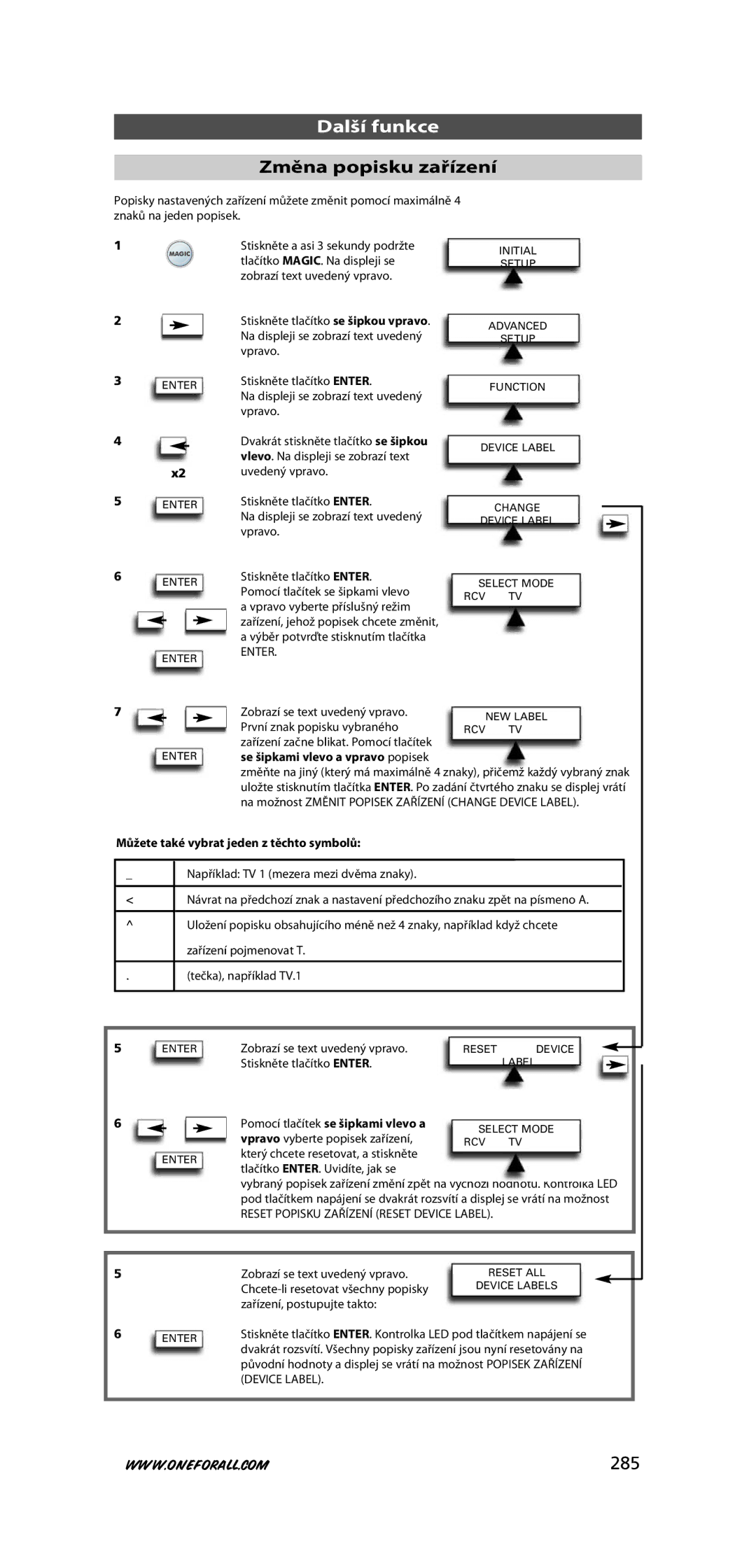 One for All URC-7781 warranty Změna popisku zařízení, 285, Enter, Můžete také vybrat jeden z těchto symbolů 