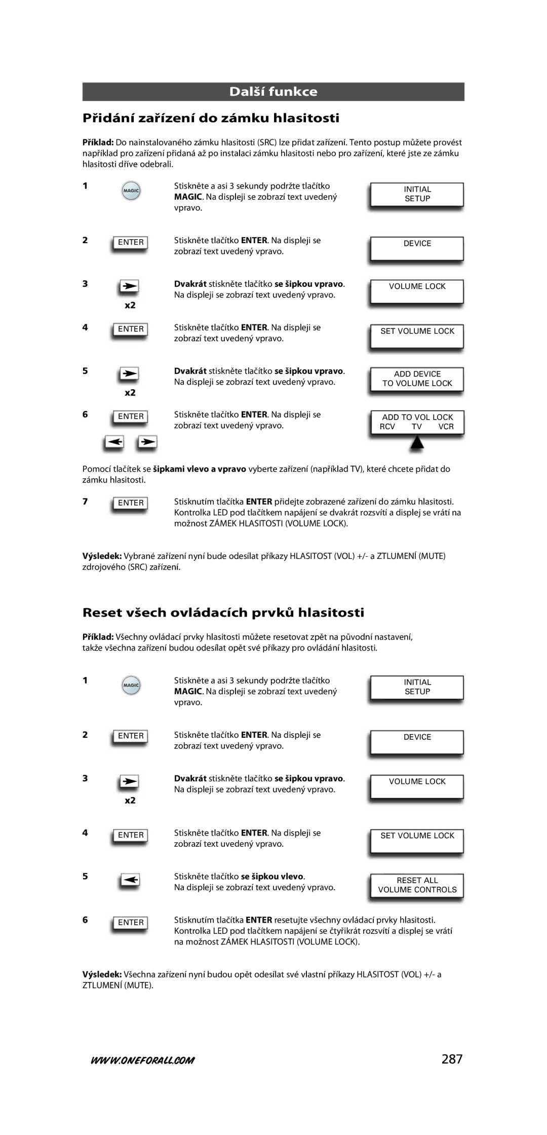 One for All URC-7781 warranty Přidání zařízení do zámku hlasitosti, Reset všech ovládacích prvků hlasitosti, 287 