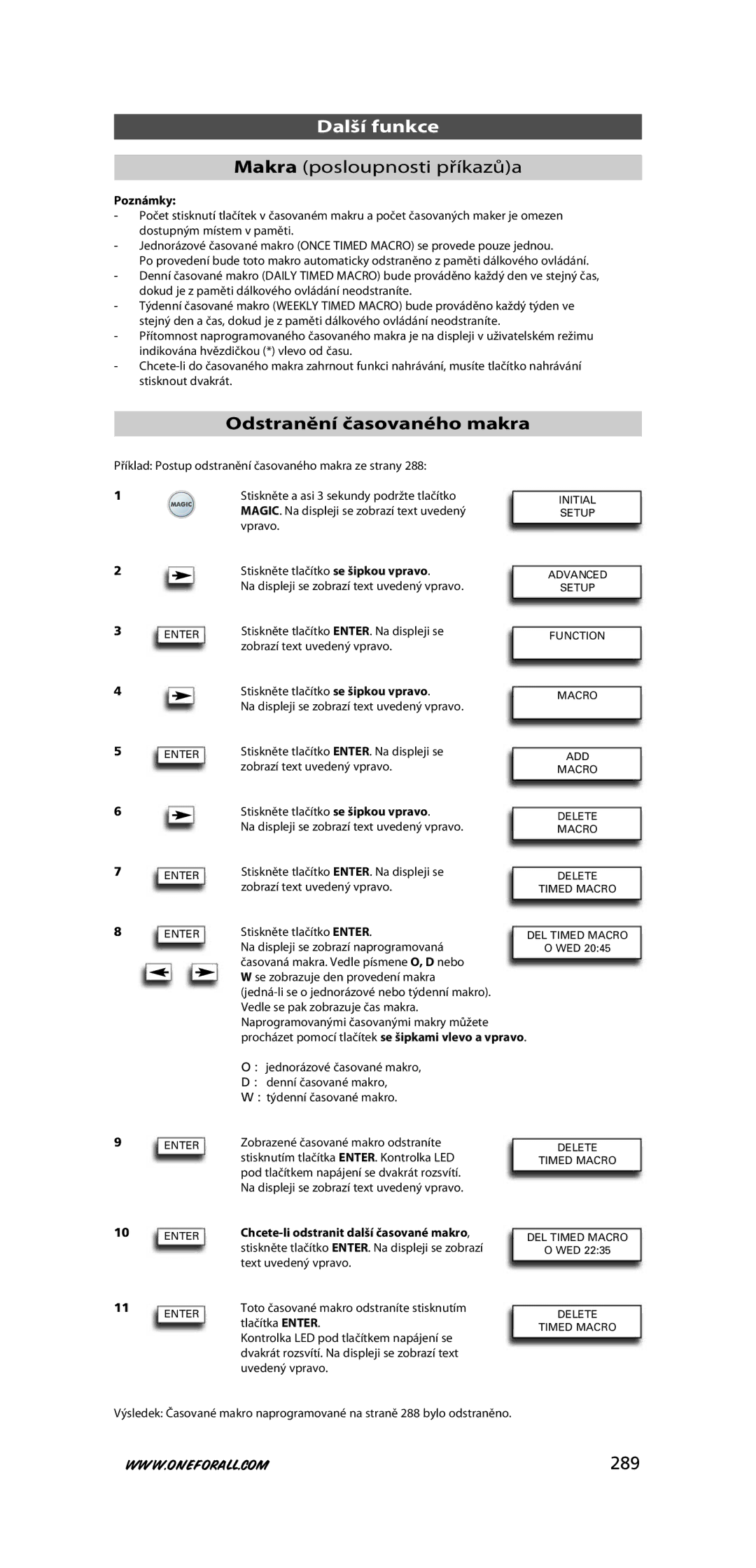 One for All URC-7781 warranty Makra posloupnosti příkazůa, Odstranění časovaného makra, 289 