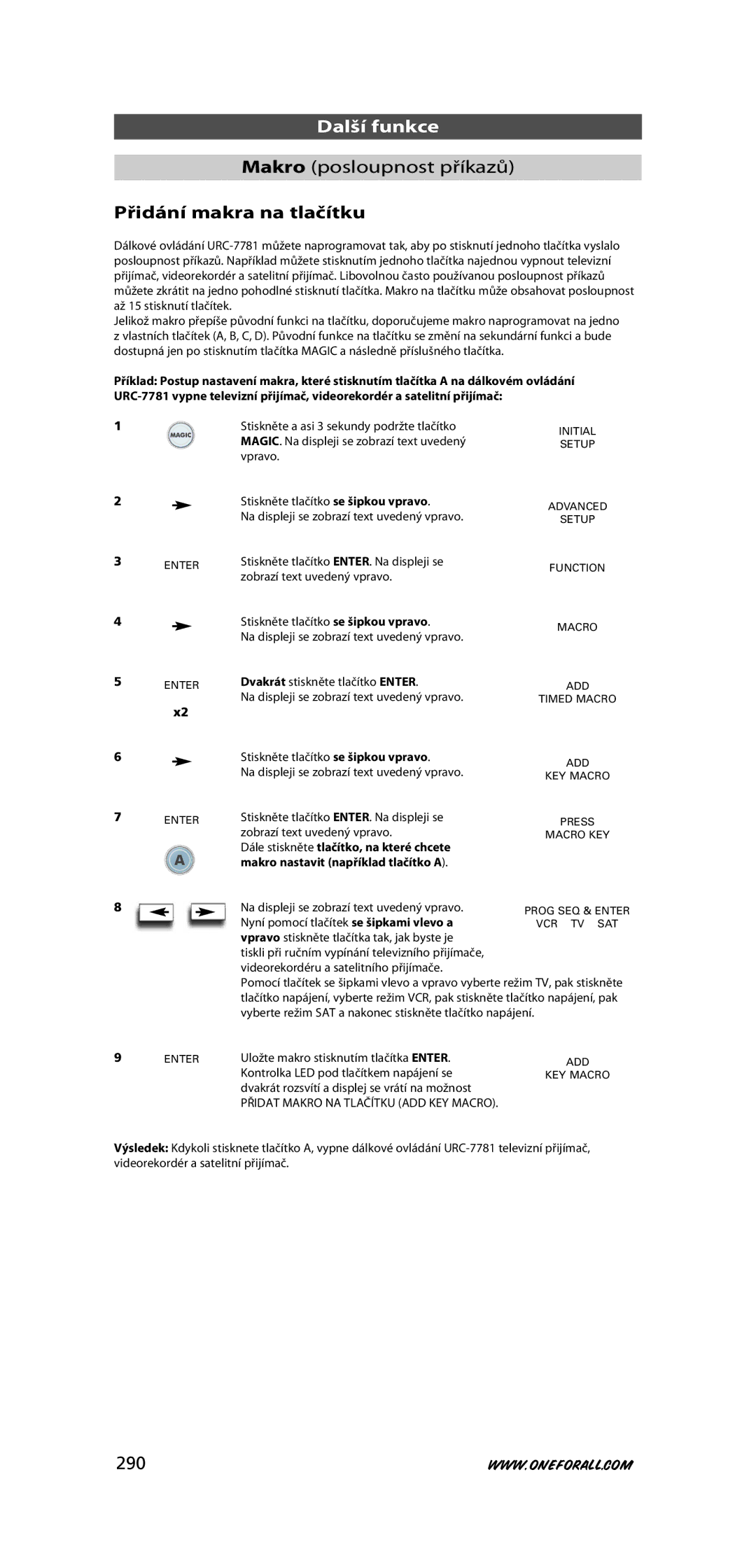 One for All URC-7781 Makro posloupnost příkazů, Přidání makra na tlačítku, 290, Přidat Makro NA Tlačítku ADD KEY Macro 
