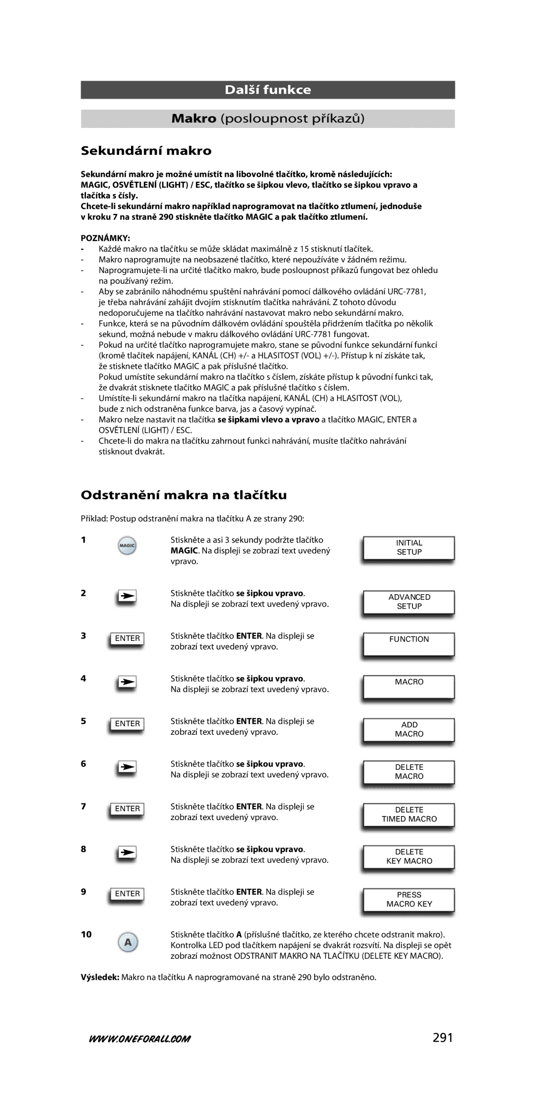 One for All URC-7781 warranty Sekundární makro, Odstranění makra na tlačítku, 291, Poznámky 