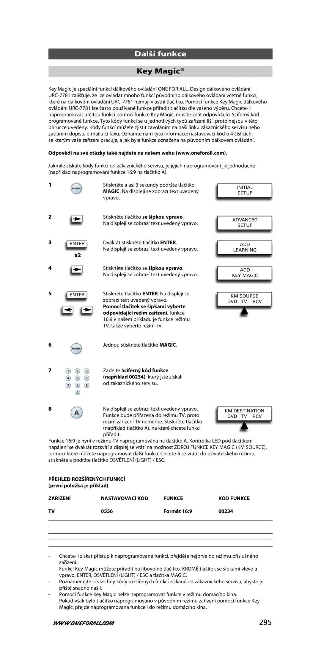One for All URC-7781 warranty 295, Zadejte 5ciferný kód funkce, Zařízení Nastavovací KÓD Funkce, Formát 00234 