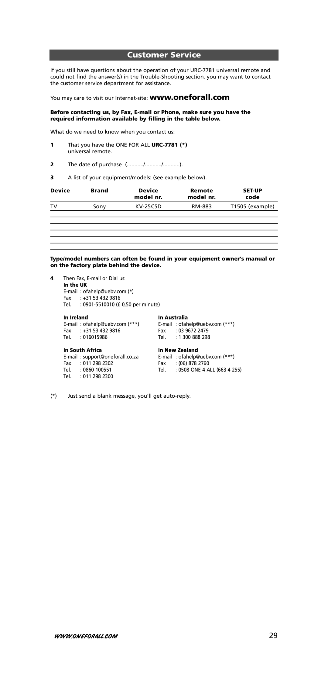 One for All URC-7781 warranty Customer Service 