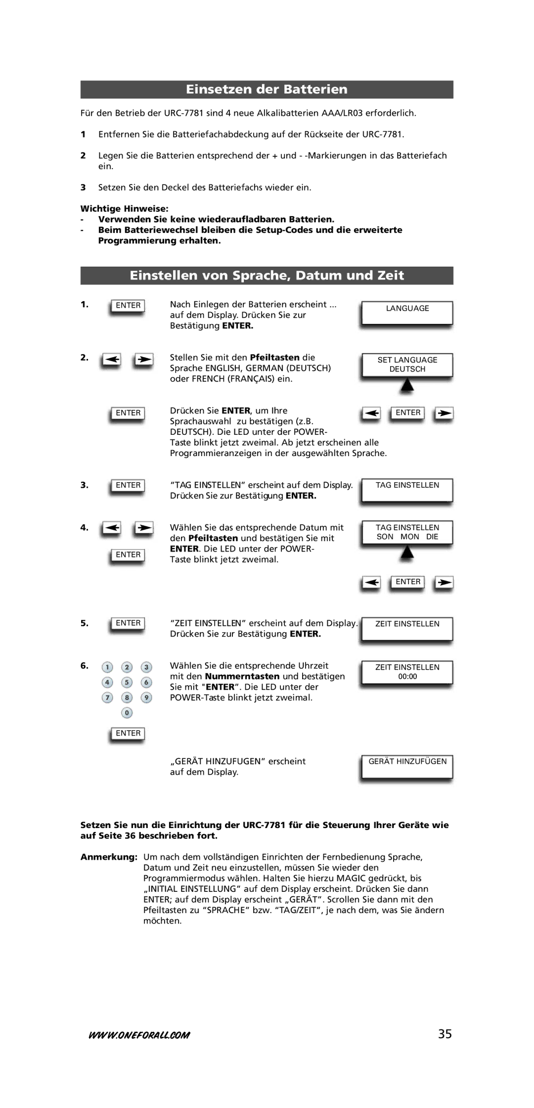 One for All URC-7781 warranty Einsetzen der Batterien, Einstellen von Sprache, Datum und Zeit 