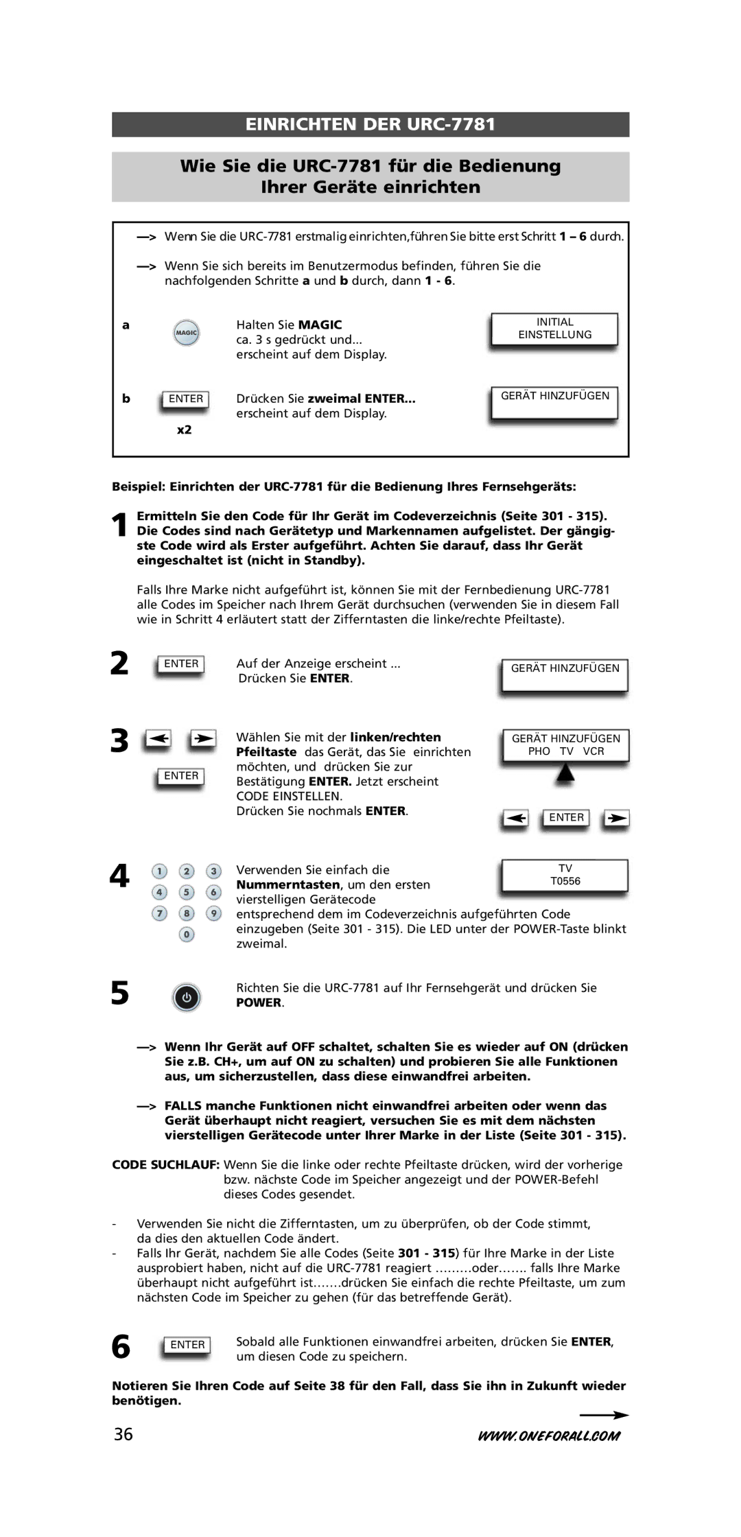 One for All URC-7781 warranty Enter Drücken Sie zweimal Enter, Code Einstellen, Power, Um diesen Code zu speichern 