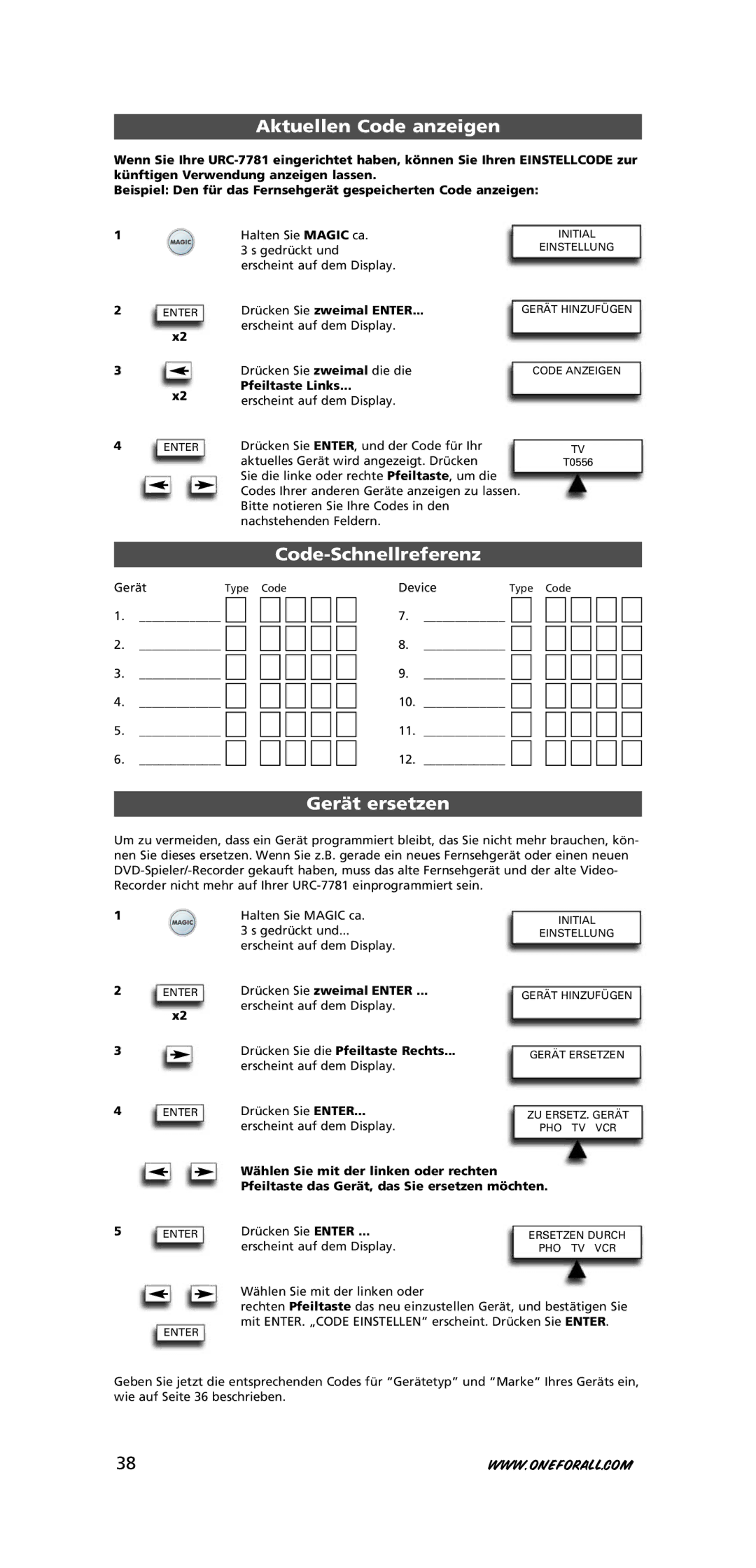 One for All URC-7781 warranty Aktuellen Code anzeigen, Code-Schnellreferenz, Gerät ersetzen 