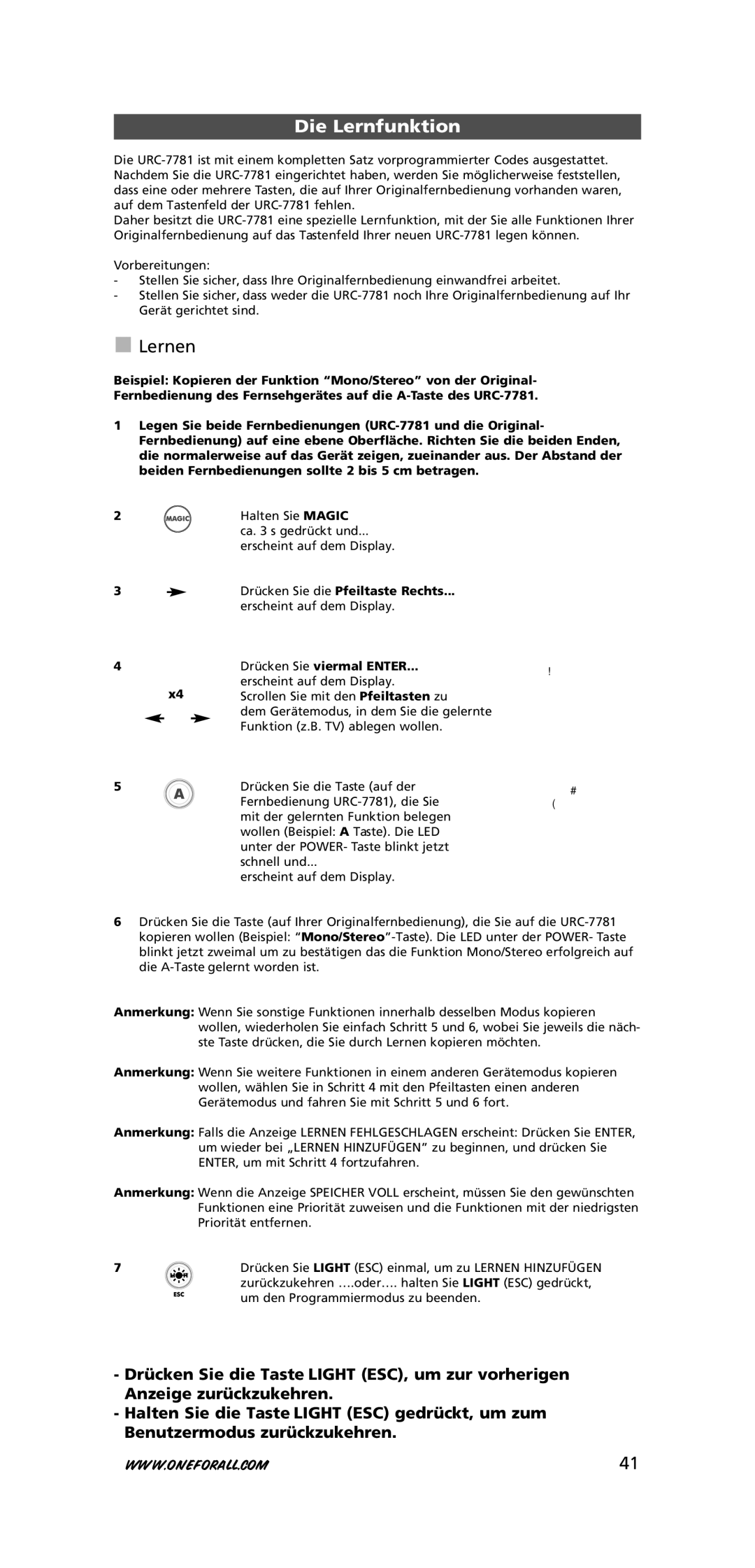 One for All URC-7781 warranty Die Lernfunktion, Lernen, Drücken Sie viermal Enter, Um den Programmiermodus zu beenden 