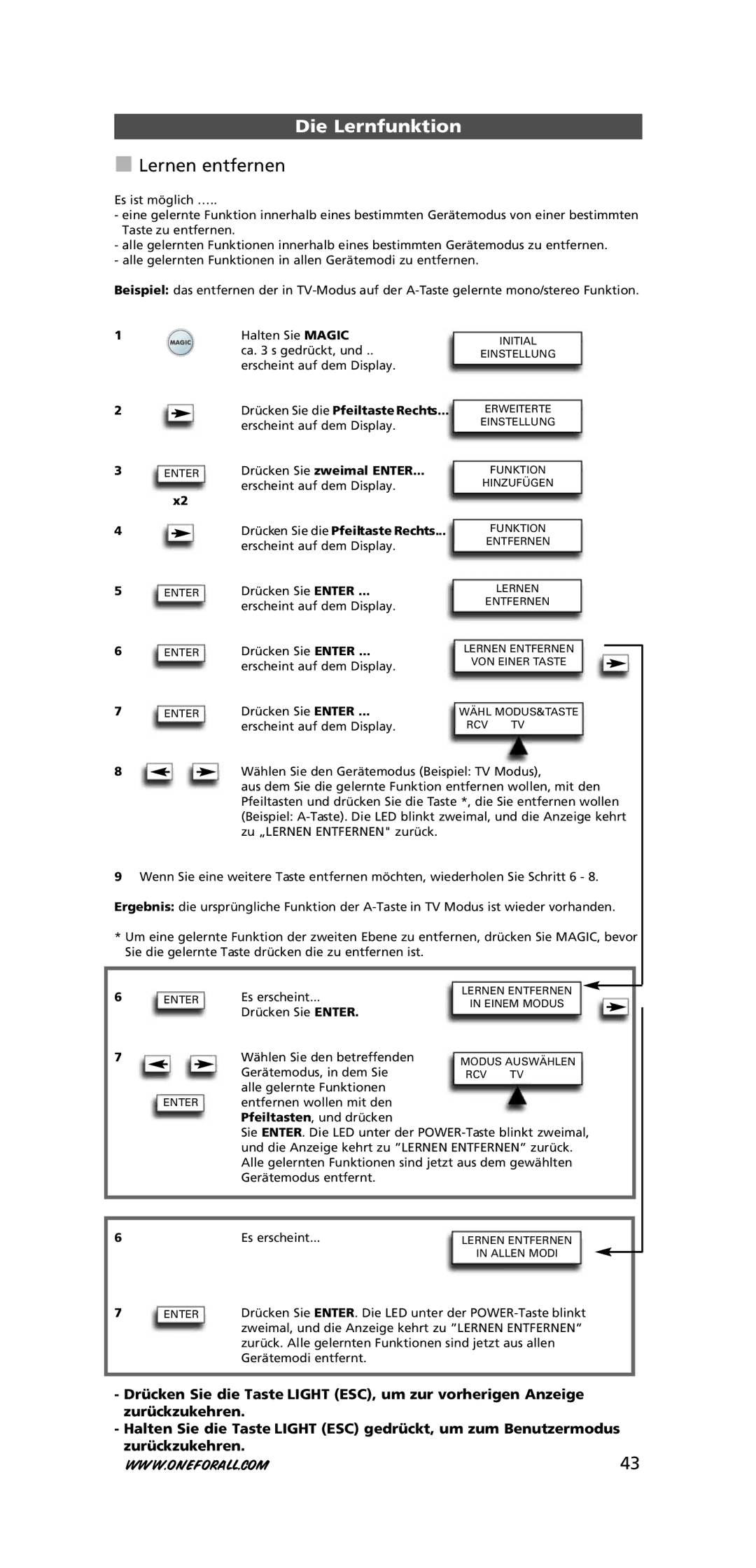 One for All URC-7781 warranty Lernen entfernen, Drücken Sie die PfeiltasteRechts 