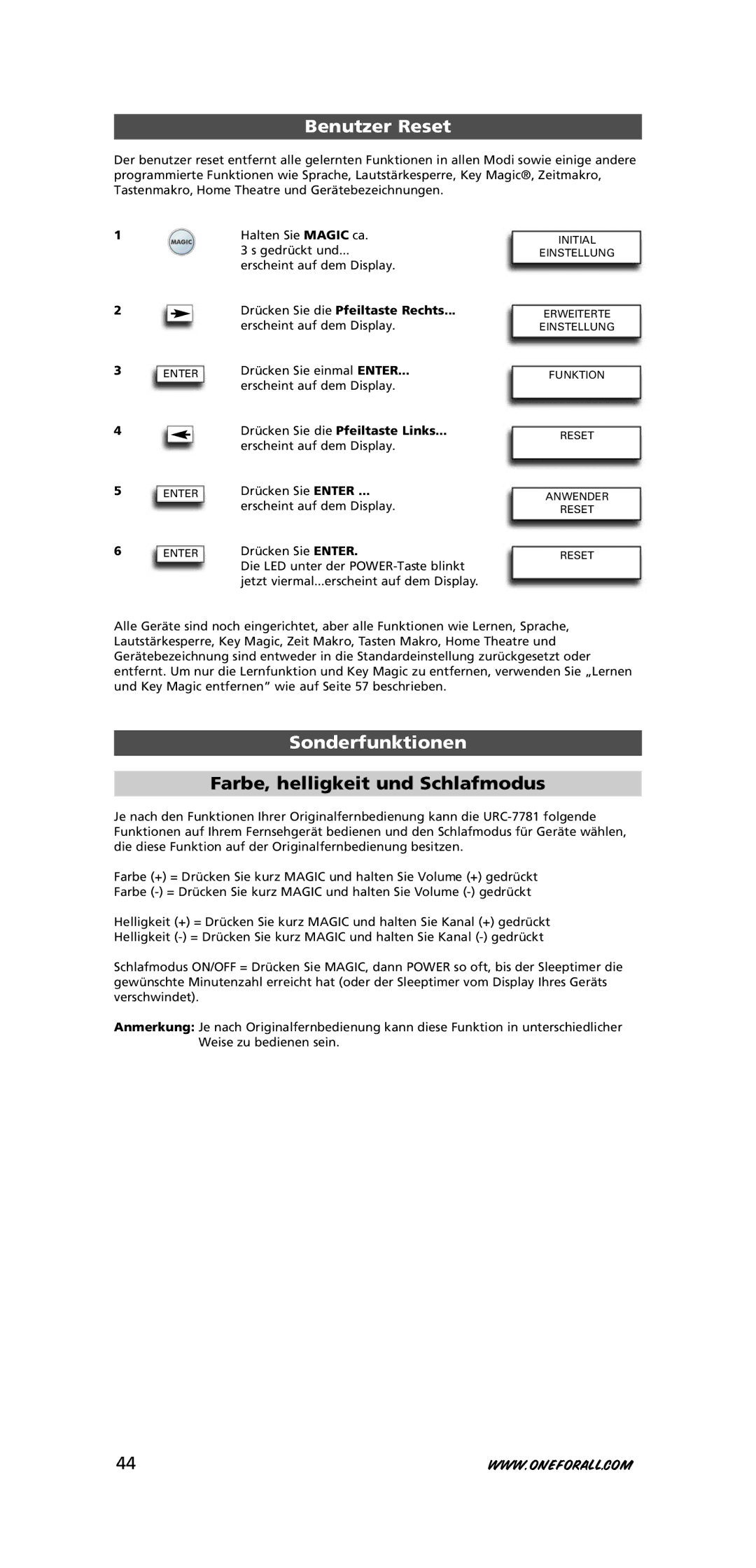 One for All URC-7781 Benutzer Reset, Sonderfunktionen, Farbe, helligkeit und Schlafmodus, Drücken Sie die Pfeiltaste Links 