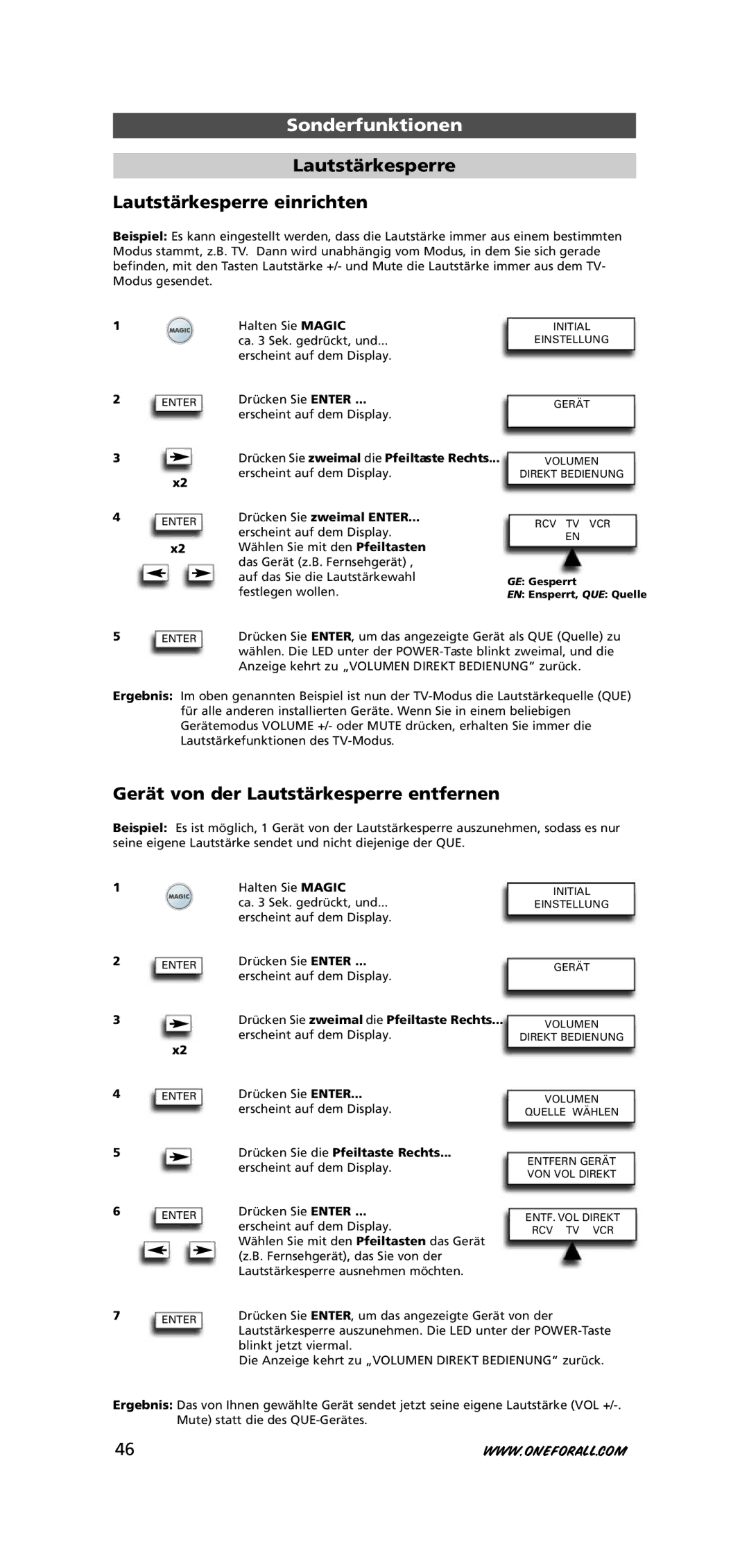 One for All URC-7781 warranty Lautstärkesperre Lautstärkesperre einrichten, Gerät von der Lautstärkesperre entfernen 