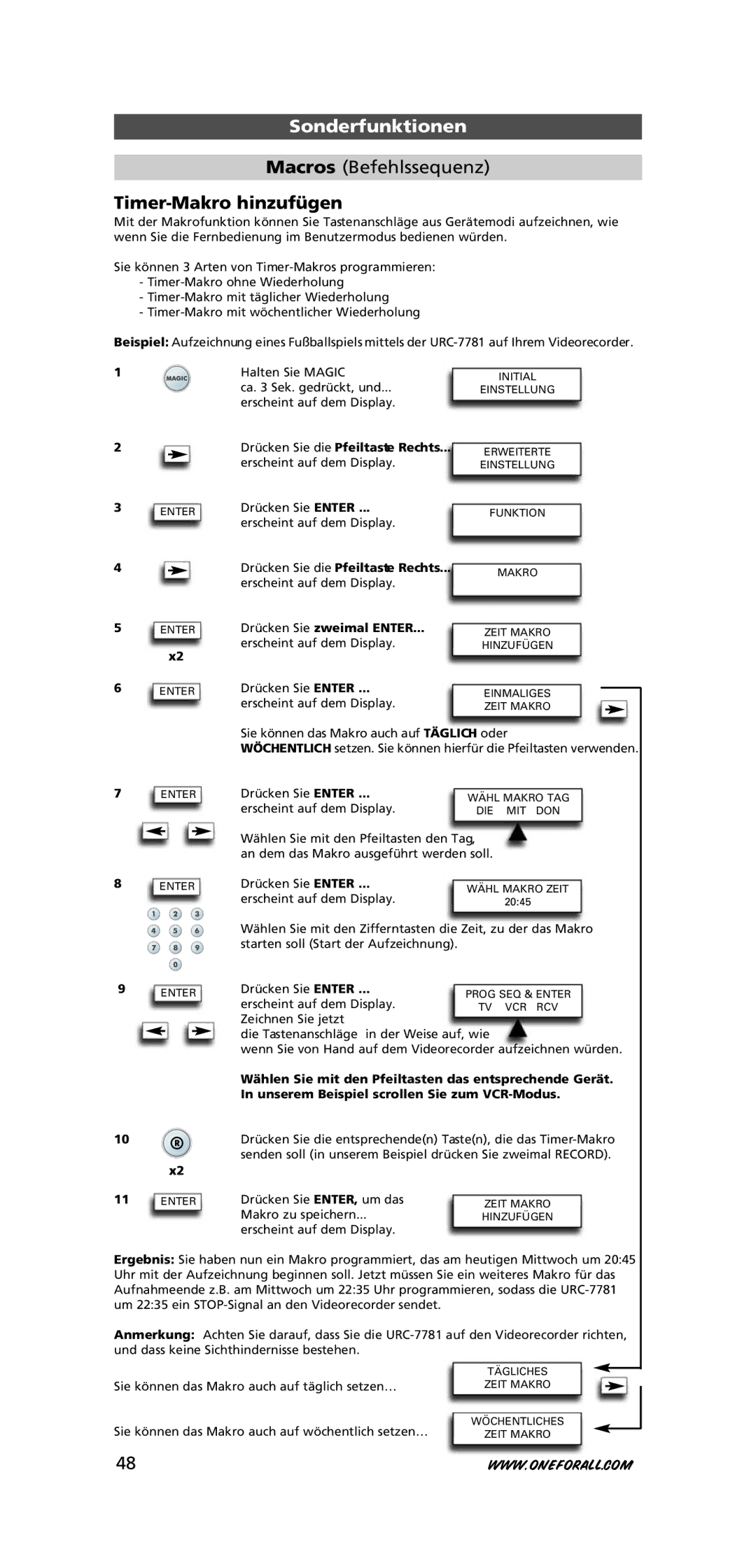 One for All URC-7781 warranty Macros Befehlssequenz, Timer-Makro hinzufügen, Makro zu speichern 