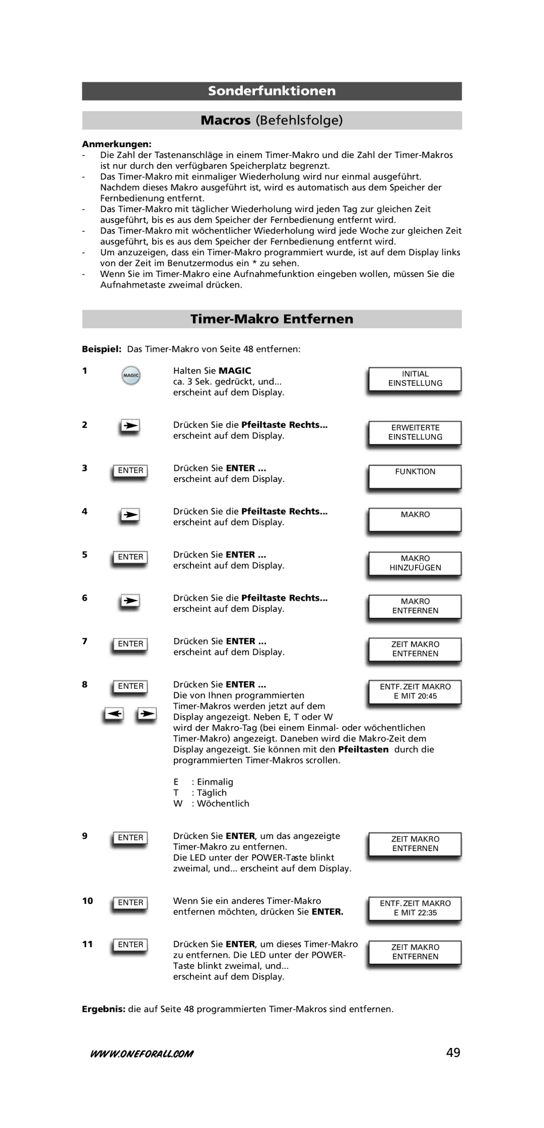 One for All URC-7781 warranty Macros Befehlsfolge, Timer-Makro Entfernen, Anmerkungen 