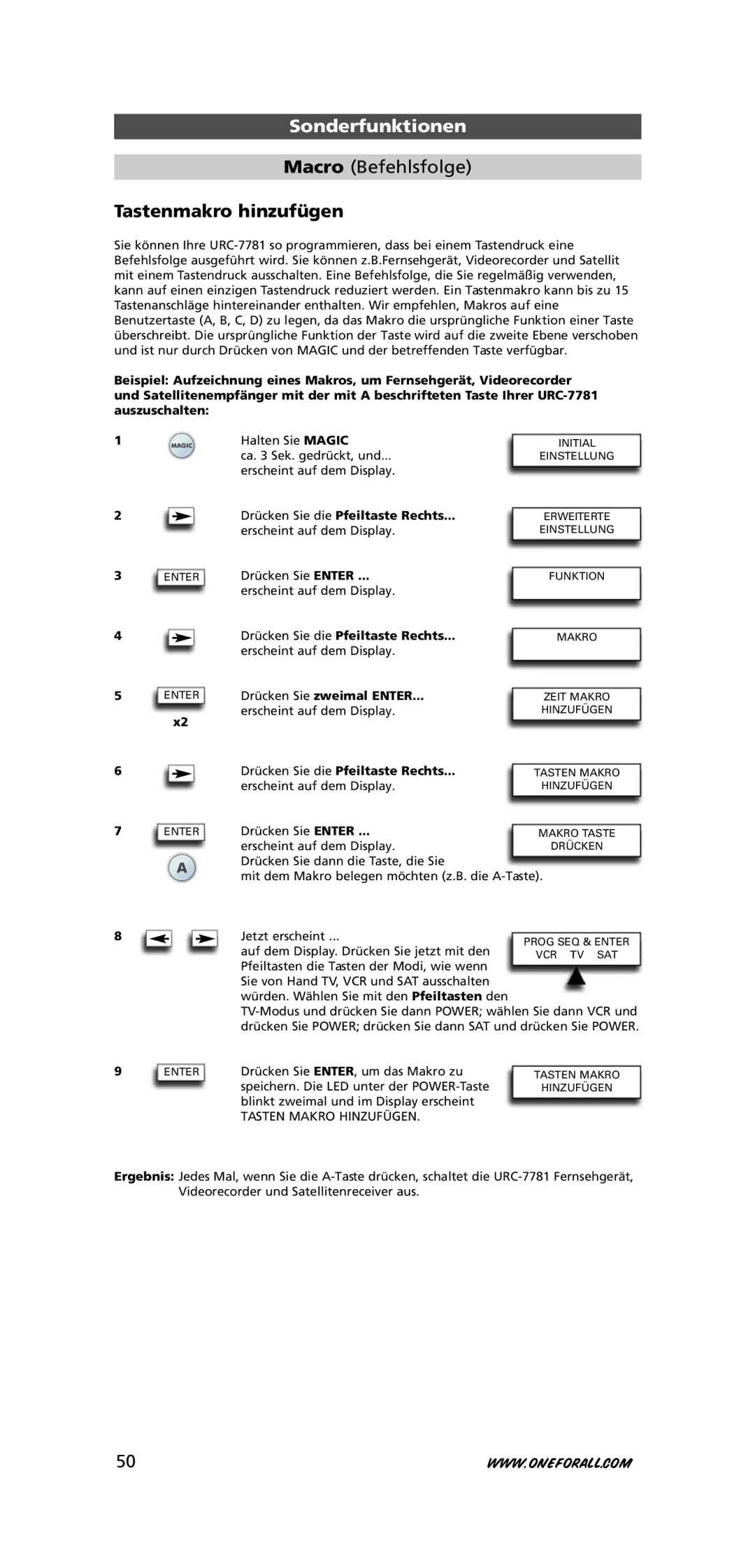 One for All URC-7781 warranty Macro Befehlsfolge, Tastenmakro hinzufügen, Tasten Makro Hinzufügen 