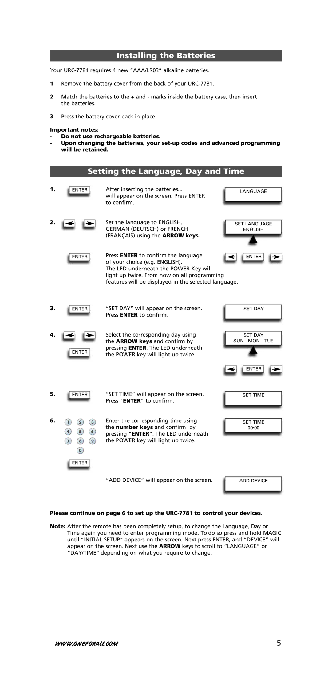 One for All URC-7781 warranty Installing the Batteries, Setting the Language, Day and Time, After inserting the batteries 